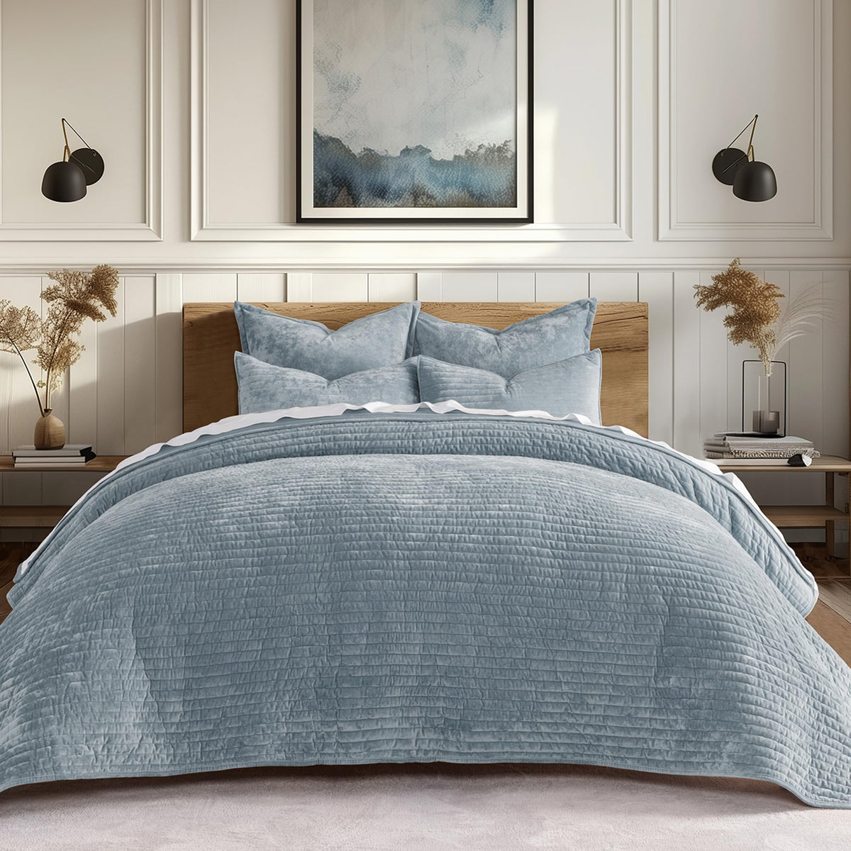 Evergrace Velvet Quilt Set King Size, Luxurious Soft Striped Channel Bedding Set, Lightweight Velvet Comforter For All Season, O