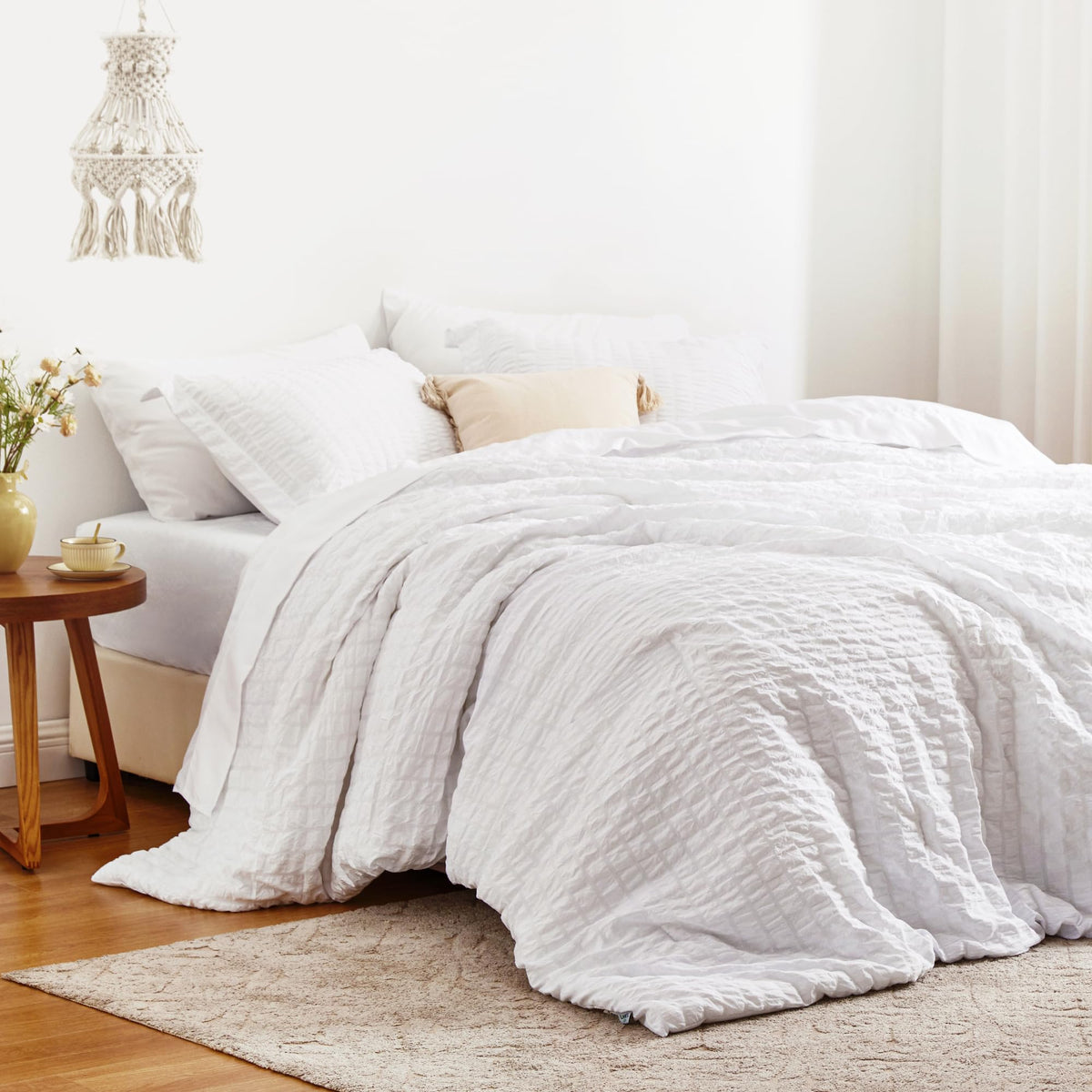 Love'S Cabin Seersucker White Queen Comforter Set 7 Pieces, All Season Lightweight Bedding Set, Queen Bed In A Bag Comforter Set