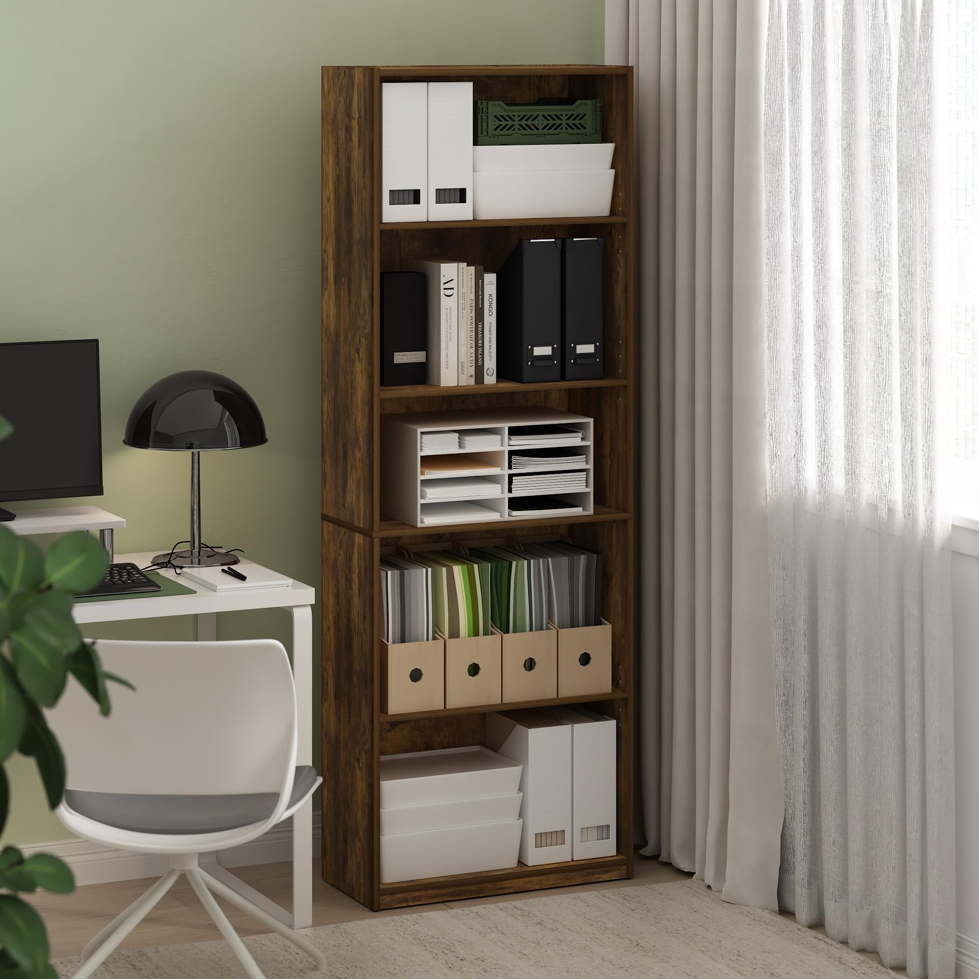 Furinno Gehry 5-Tier Bookcase, Bookshelf with Adjustable Shelves, Amber Pine