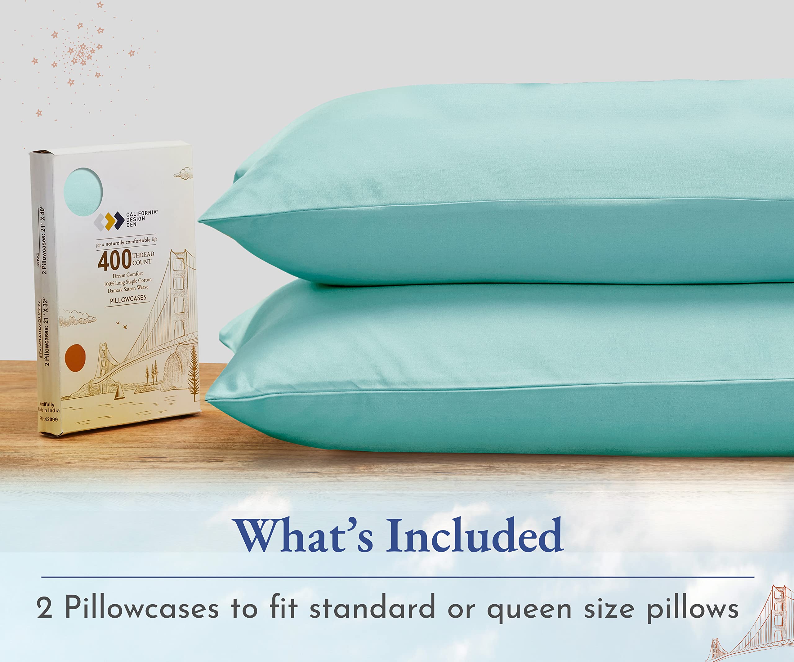 Standard Queen Size Pillowcase Set - 400 Thread Count, 100% Cotton Sateen, Set Of 2 Pillow Covers, Breathable, Cooling, Extra Soft Pillowcases For Kids, Teens, Women & Men - Teal