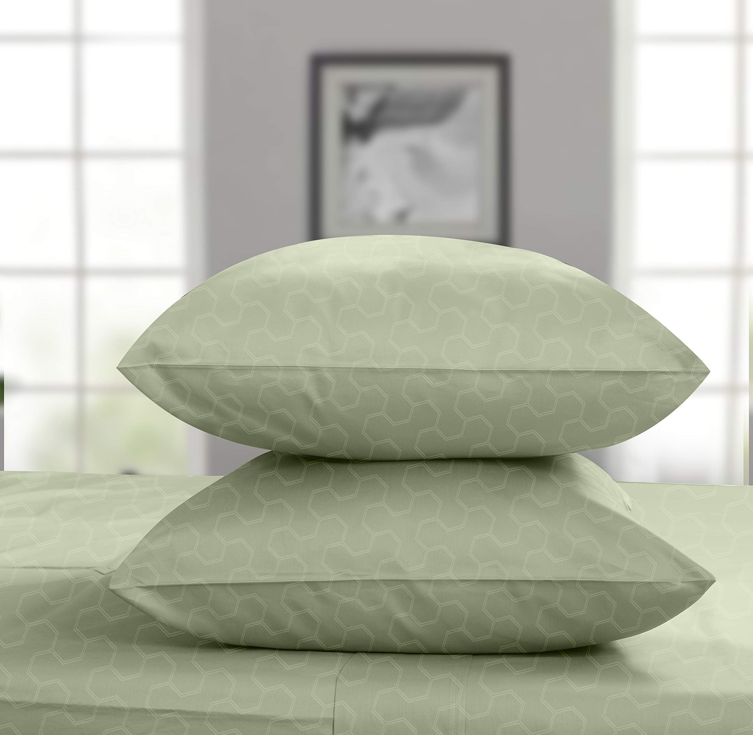 Threadmill 500 Thread Count Queen Size 4 Pc Luxury Cotton Bedding Set, Jacquard Floria Sage Green, Silky Smooth Sheets With 16''