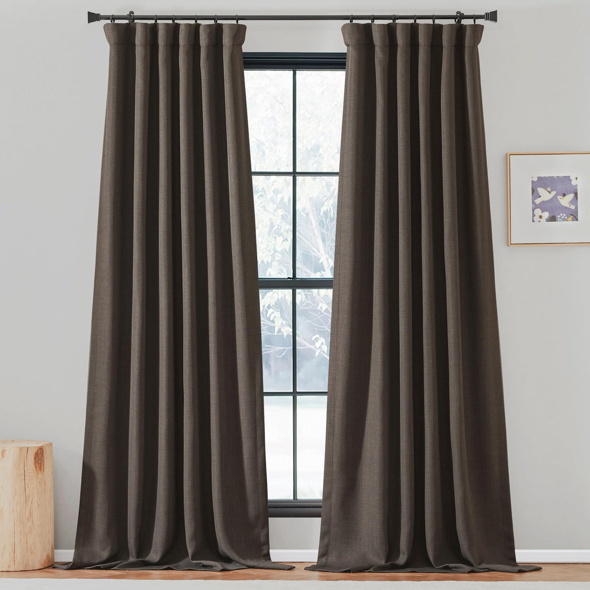 NICETOWN Faux Linen Room Darkening Brown Curtains for Living Room, Pinch Pleated Primitive Linen Burlap Thermal Insulated Sound 