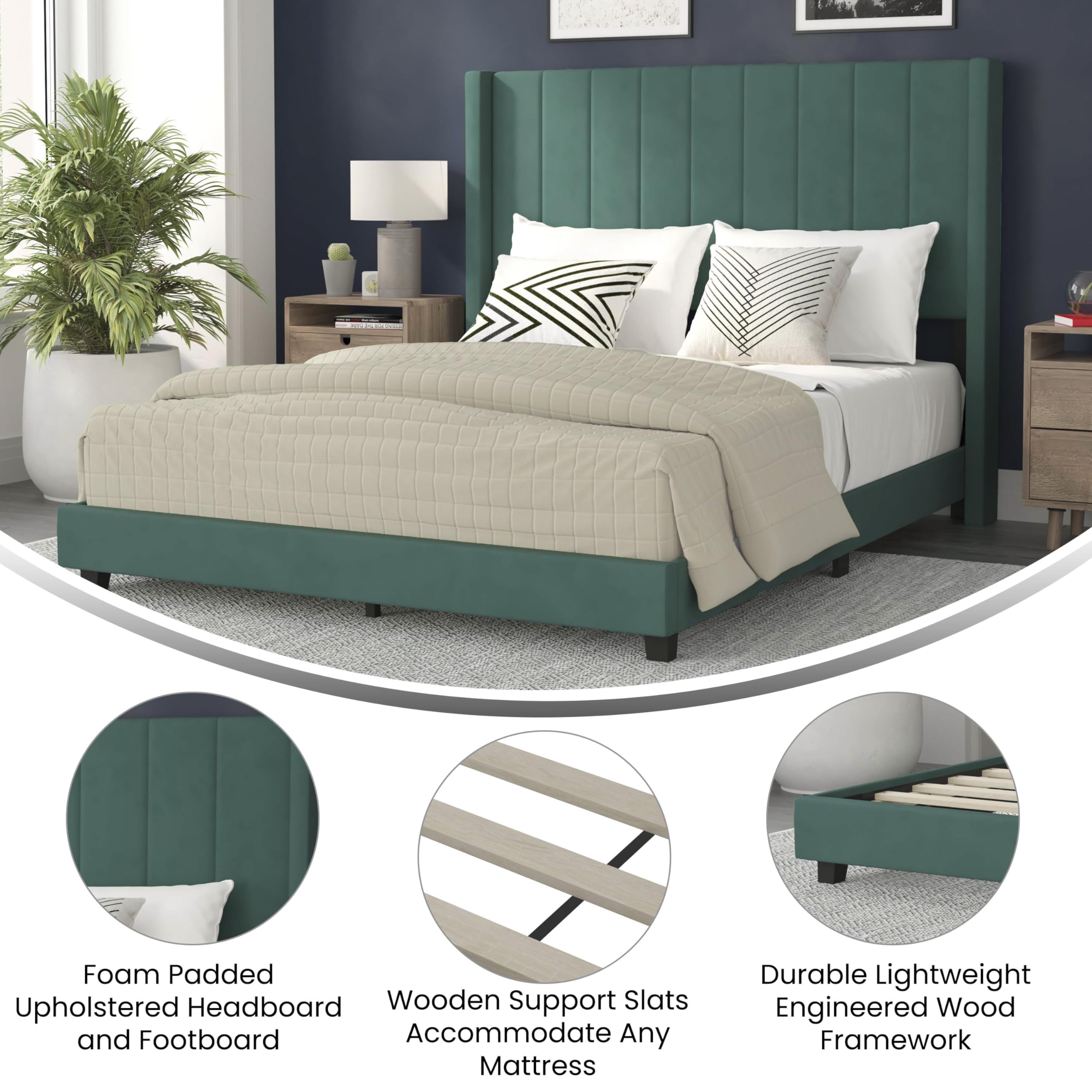 Flash Furniture Bianca Upholstered Platform Bed - Emerald Velvet Upholstery - Queen - Wingback Headboard - Slatted Mattress Foundation - No Box Spring Needed