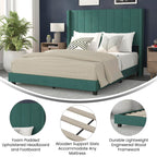 Flash Furniture Bianca Upholstered Platform Bed - Emerald Velvet Upholstery - Queen - Wingback Headboard - Slatted Mattress Foundation - No Box Spring Needed