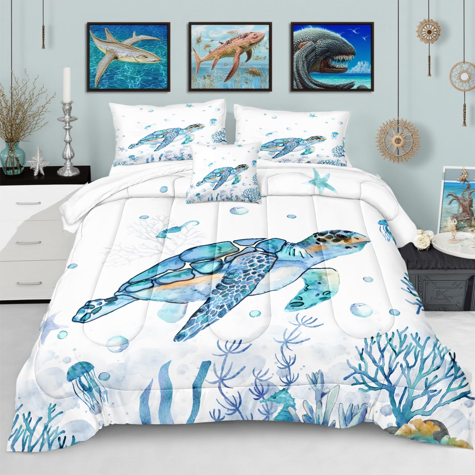 Sea Turtle Comforter Ocean Beach Bedding Twin Size Set Teal Blue Turtle Sea Horse Starfish Ocean Theme Printed Coastal Comforter