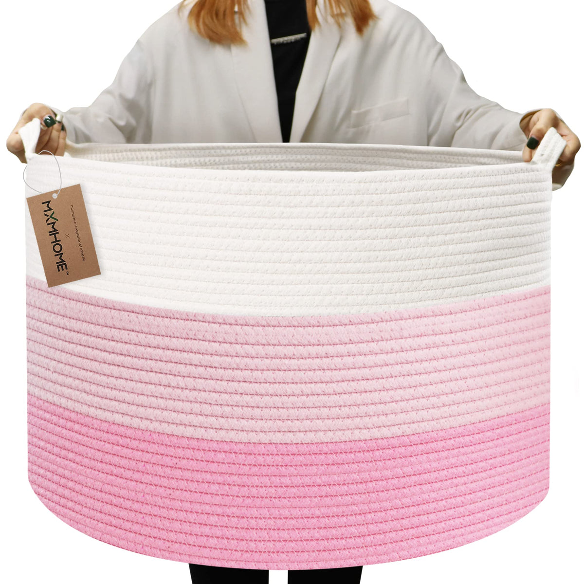 Mxmhome Large Cotton Rope Basket - Throw Blanket Storage For Pillows In Living Room Woven Baby Laundry Basket With Handle Nursery Basket Soft Toy Storage Basket Comfoter Cushions Thread Hamper