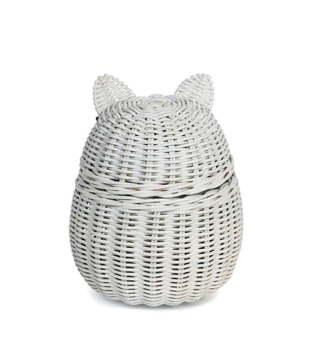 G6 Collection Cat Rattan Storage Basket With Lid Decorative Bin Home Decor Hand Woven Shelf Organizer Cute Handmade Handcrafted