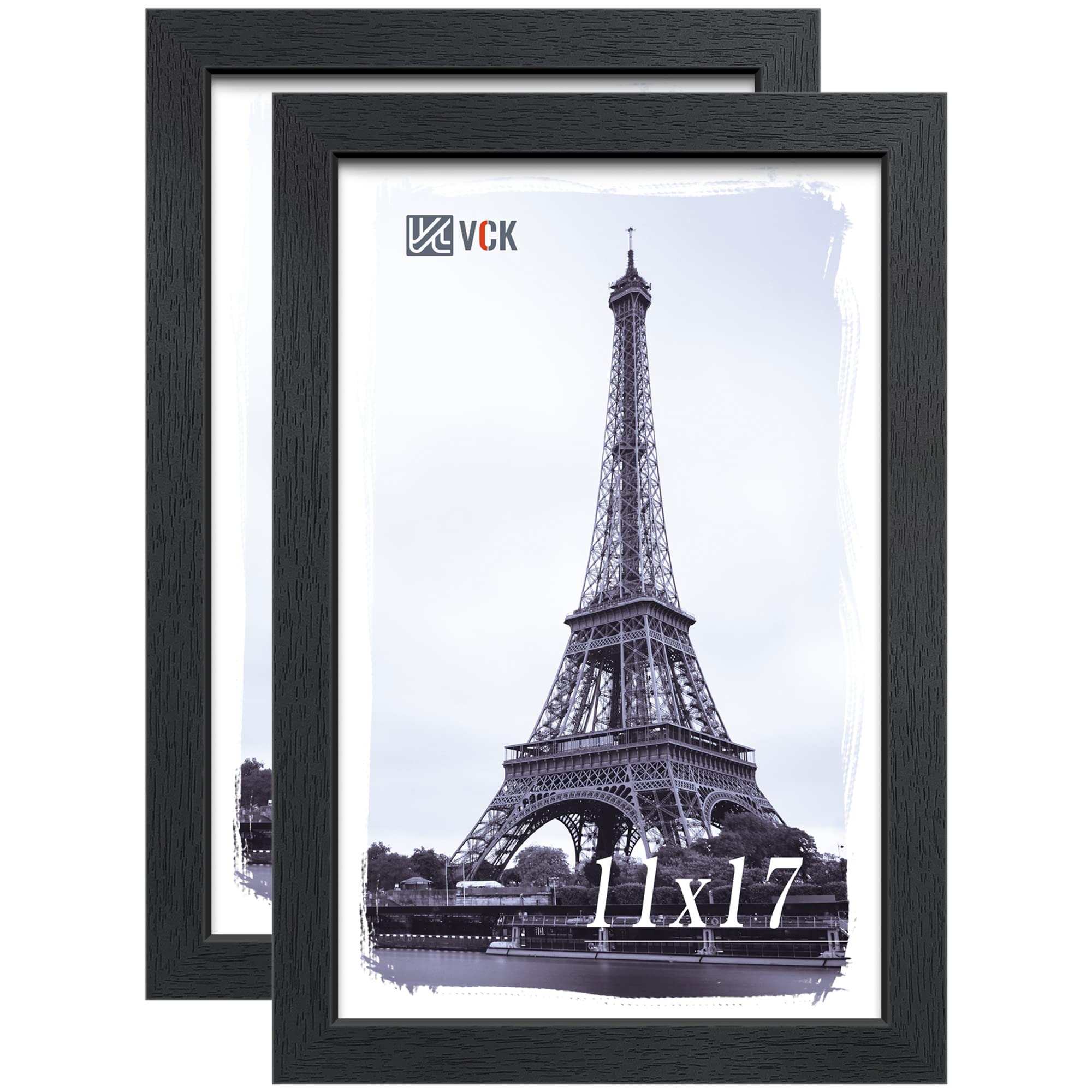 VCK 11x17 Poster Frame Set of 2 - Black, Textured Exclusive Solid Wood Picture Frames, Wall Gallery Frame