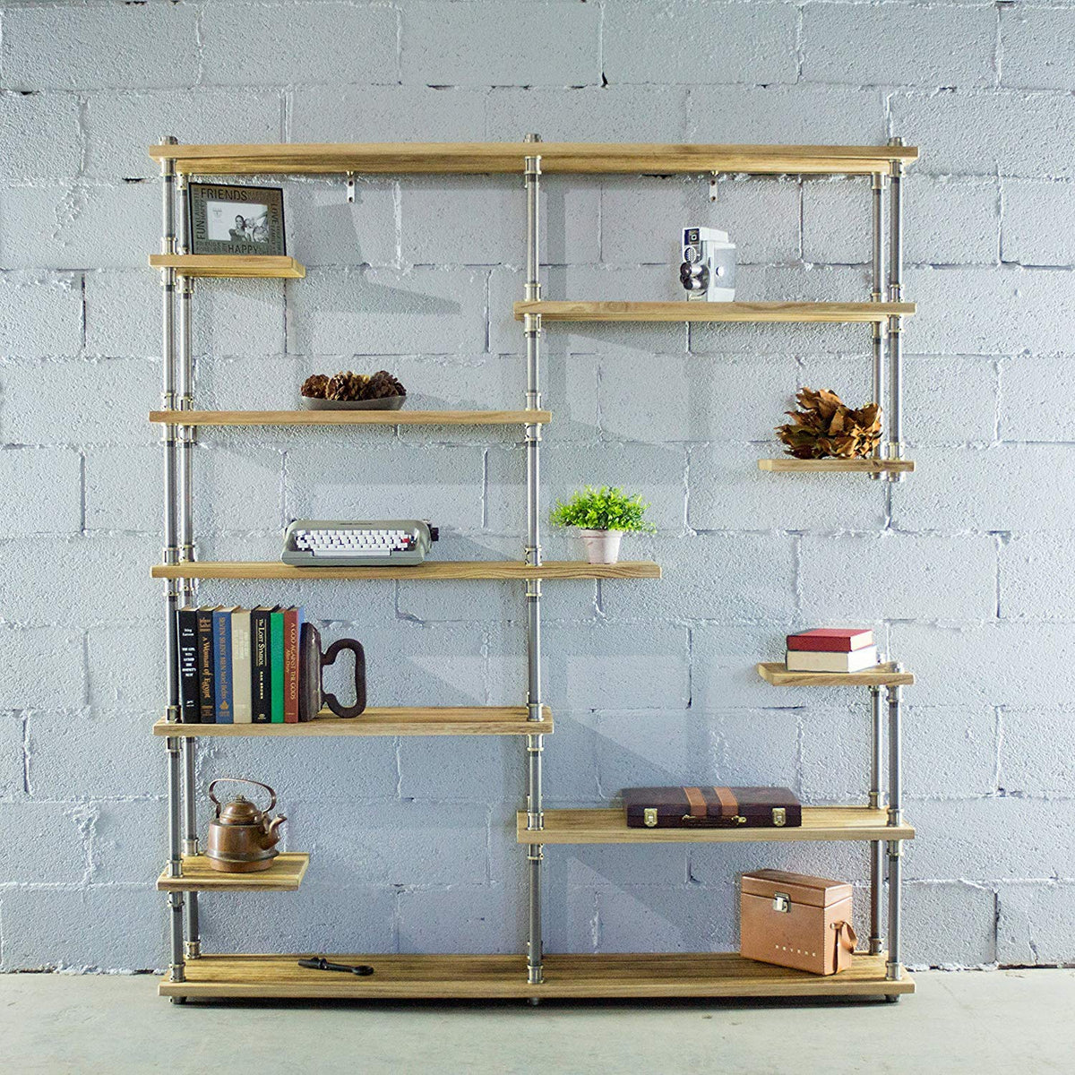 Os Home And Office Reclaimed Etagere Bookcase, Brushed Brass Gray Steel Combo With Natural Stained Wood