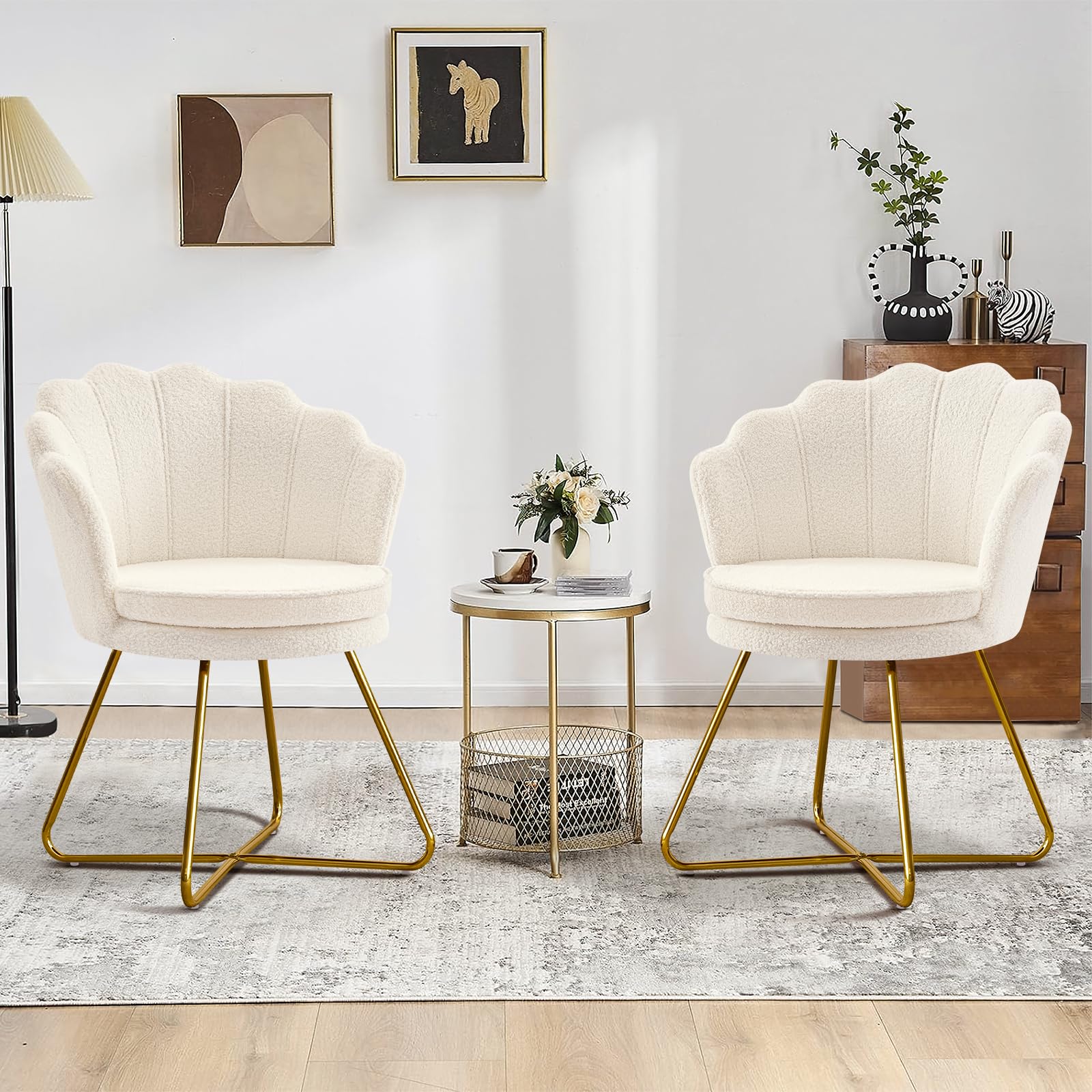 Furnimart Accent Chairs Set of 2 for Living Room, Shell Vanity Chair with Back, Criss Cross Chair with Gold Legs, Side Chair for