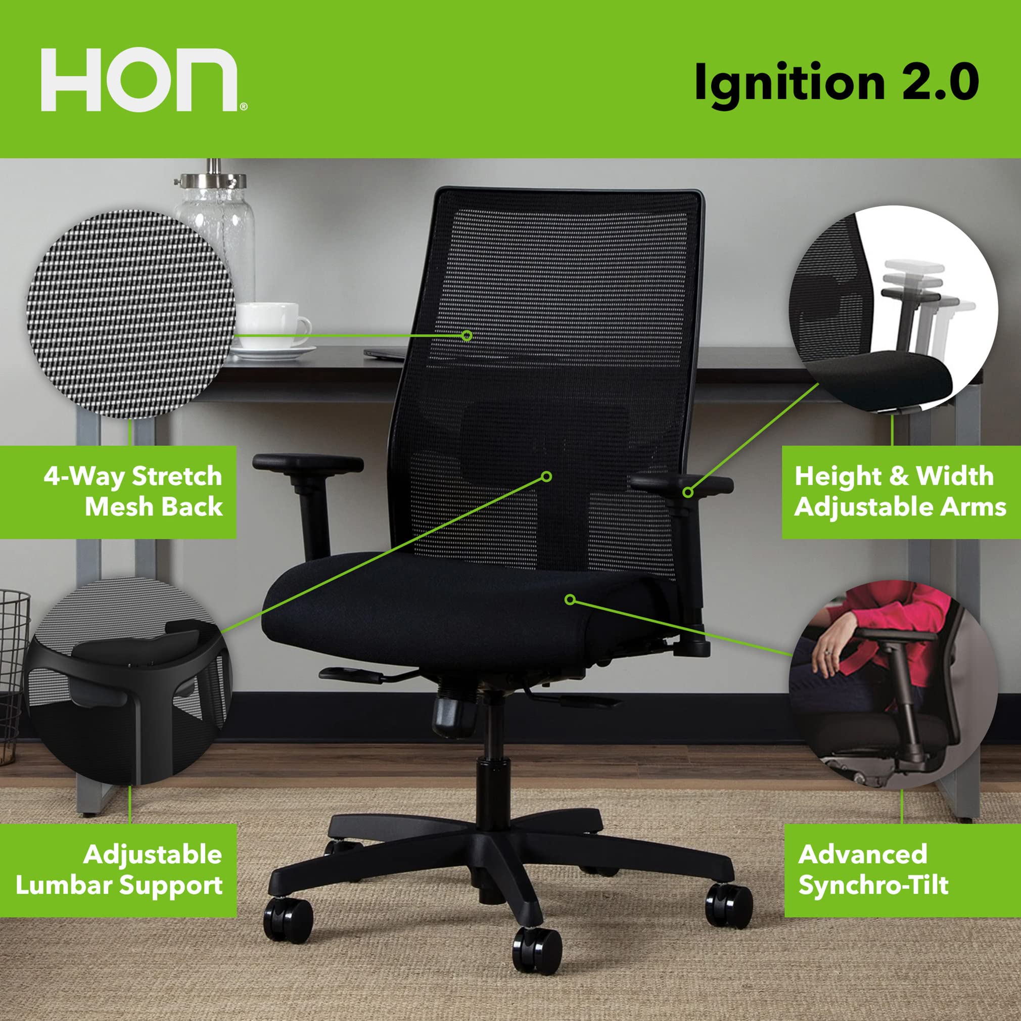 Hon Office Desk Chair Ignition 2.0 - Ergonomic Desk Chair, Home Office Chairs, Adjustable Lumbar & Armrests, Seat-Slide, Back Support, Cushion, Swivel Wheels, Black