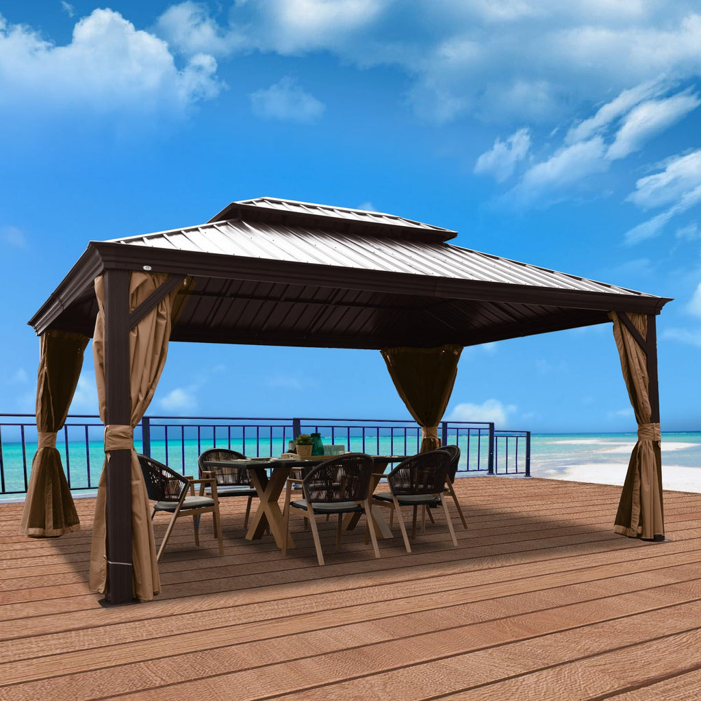 Kozyard Alexander Hardtop Aluminum Permanent Gazebo With A Mosquito Net And Privacy Sidewalls (Alexander 12'X16' (Brown)