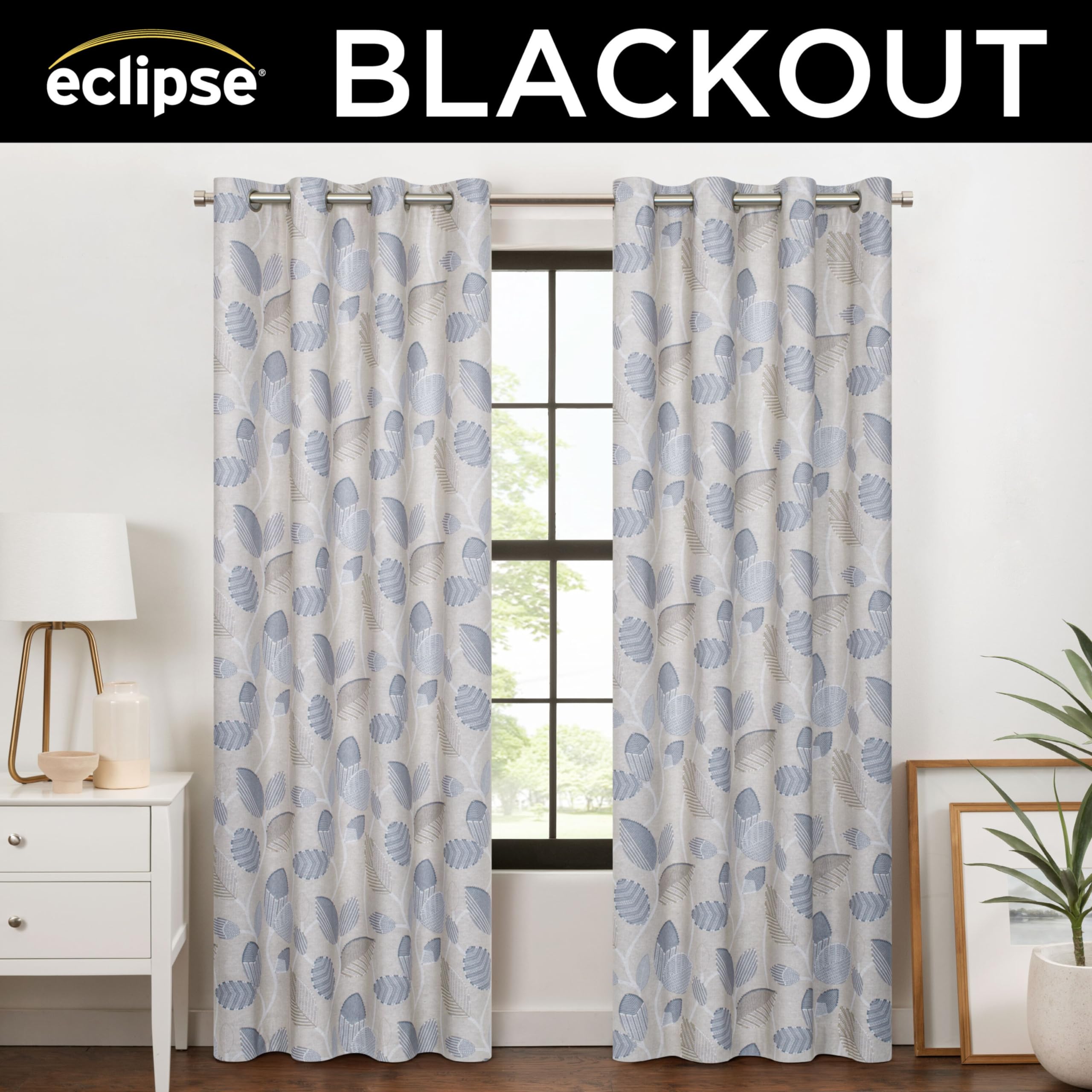 Eclipse Blackout Curtain, Larissa Leaf Grommet Curtain, 95 In Long X 50 In Wide, Patterned 100% Blackout Curtain, Thermal Insula