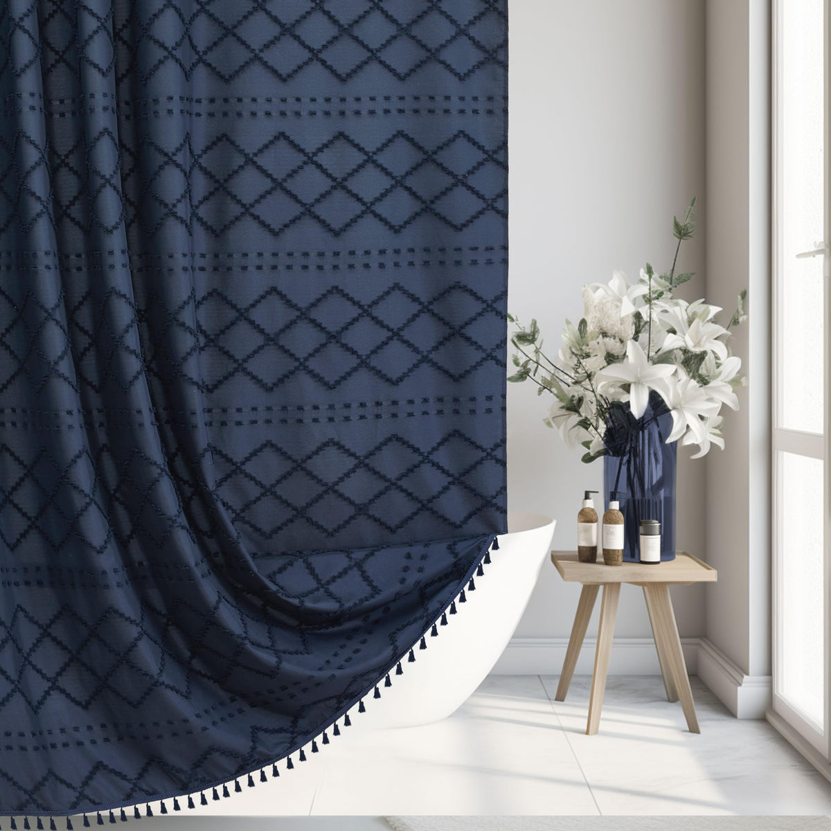 Siiluminisoy Extra Long Boho Farmhouse Shower Curtain Woven Fabric Navy Blue 84 Inch Shower Curtain, 72 X 84 Tufted Chevron Text