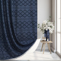 Siiluminisoy Extra Long Boho Farmhouse Shower Curtain Woven Fabric Navy Blue Shower Curtain, 72 X 78 Tufted Chevron Textured Str