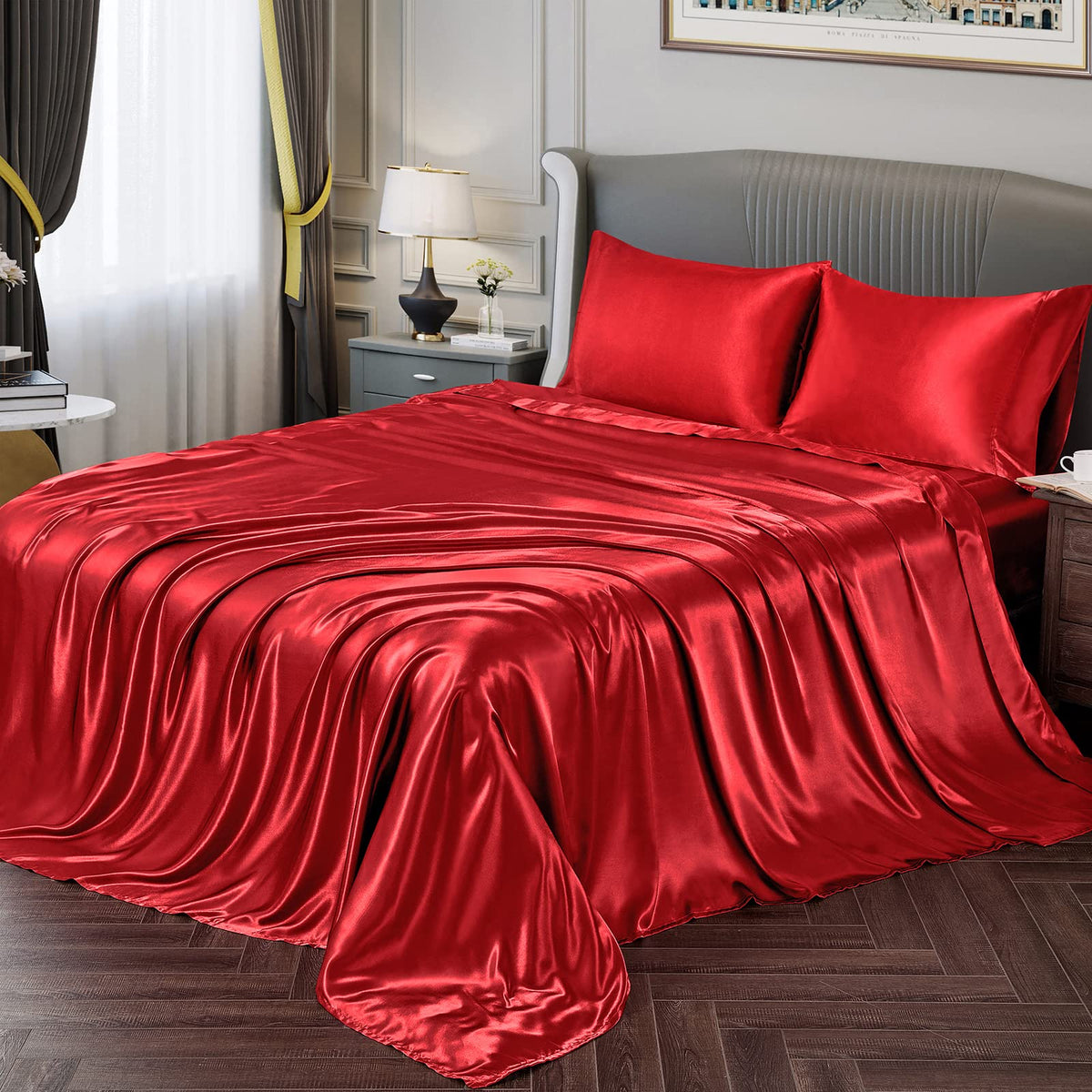 Vonty Satin Sheets King Silky Soft Satin Bed Sheets Red Satin Sheet Set, 1 Deep Pocket Fitted Sheet + 1 Flat Sheet + 2 Pillowcas