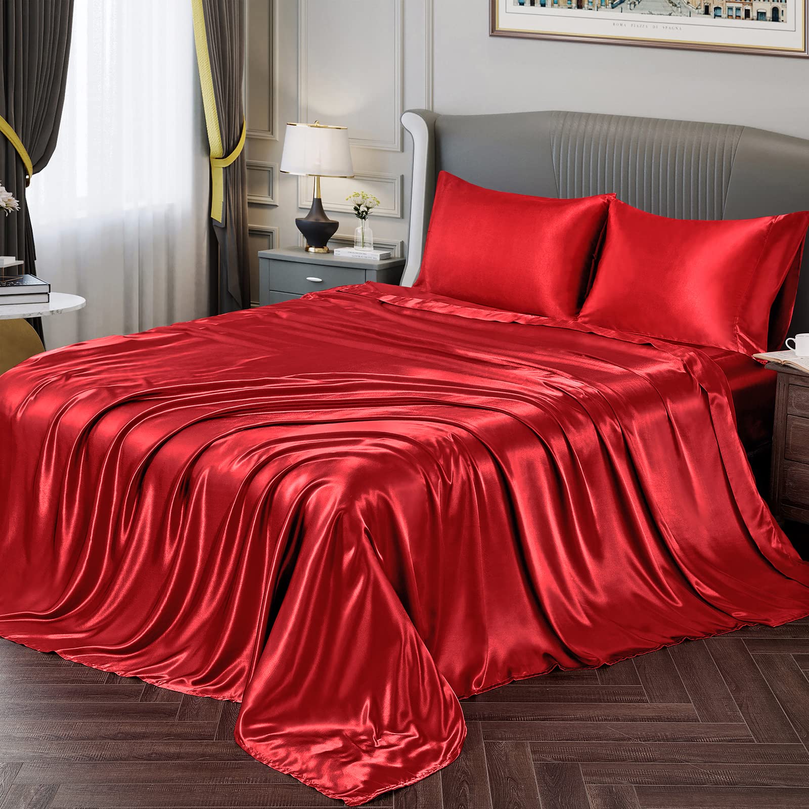 Vonty Satin Sheets Full Silky Soft Satin Bed Sheets Red Satin Sheet Set, 1 Deep Pocket Fitted Sheet + 1 Flat Sheet + 2 Pillowcas