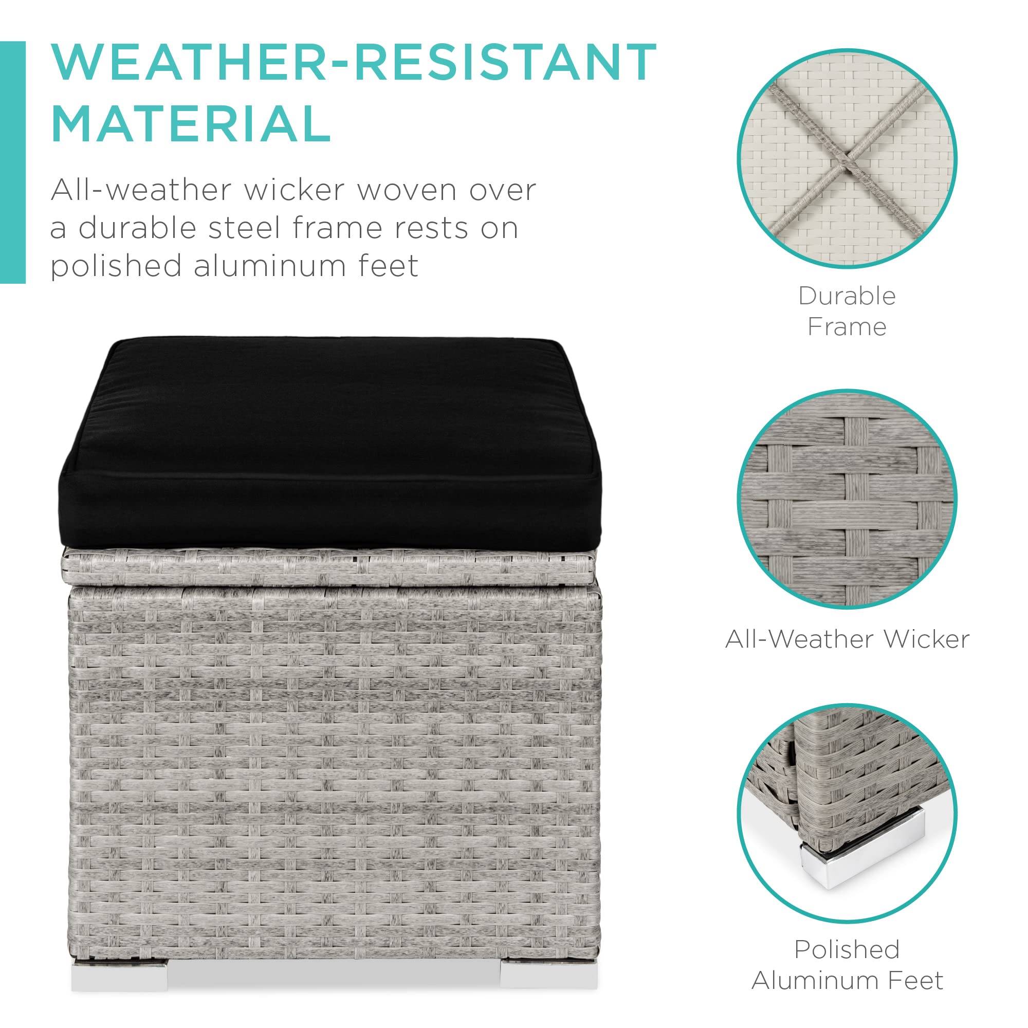 Best Choice Products Set Of 2 Wicker Ottomans, Multipurpose Outdoor Furniture For Patio, Backyard, Additional Seating, Footrest, Side Table W/Storage, Removable Cushions - Gray/Black