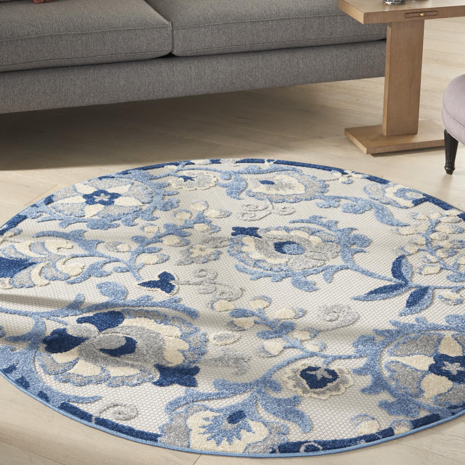 Nourison Aloha Indoor/Outdoor Blue/Grey 4' X Round Area -Rug, Easy -Cleaning, Non Shedding, Bed Room, Living Room, Dining Room, Deck, Backyard, Patio (4 Round)