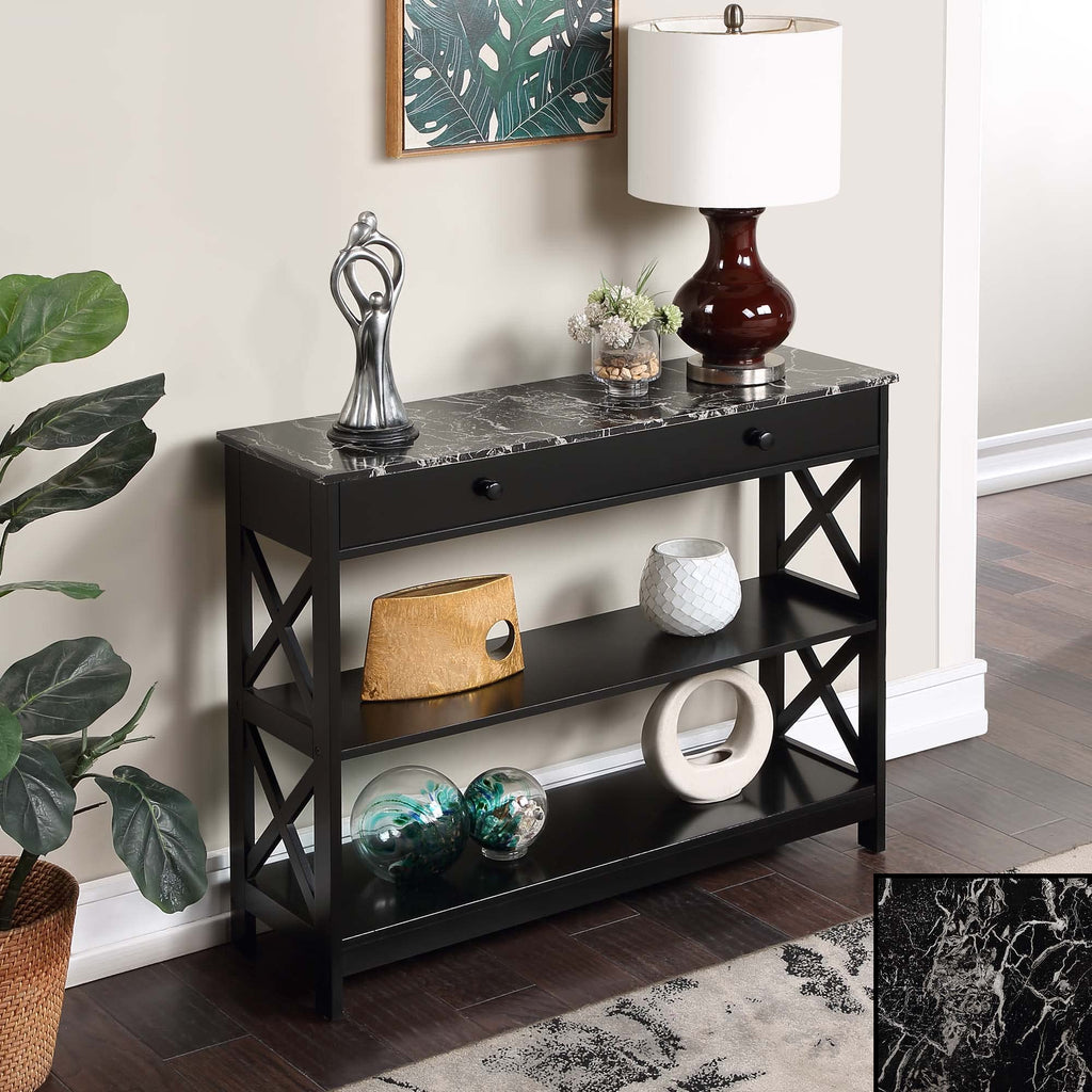 Convenience Concepts Oxford 1 Drawer Console Table With Shelves, Black Faux Marble/Black