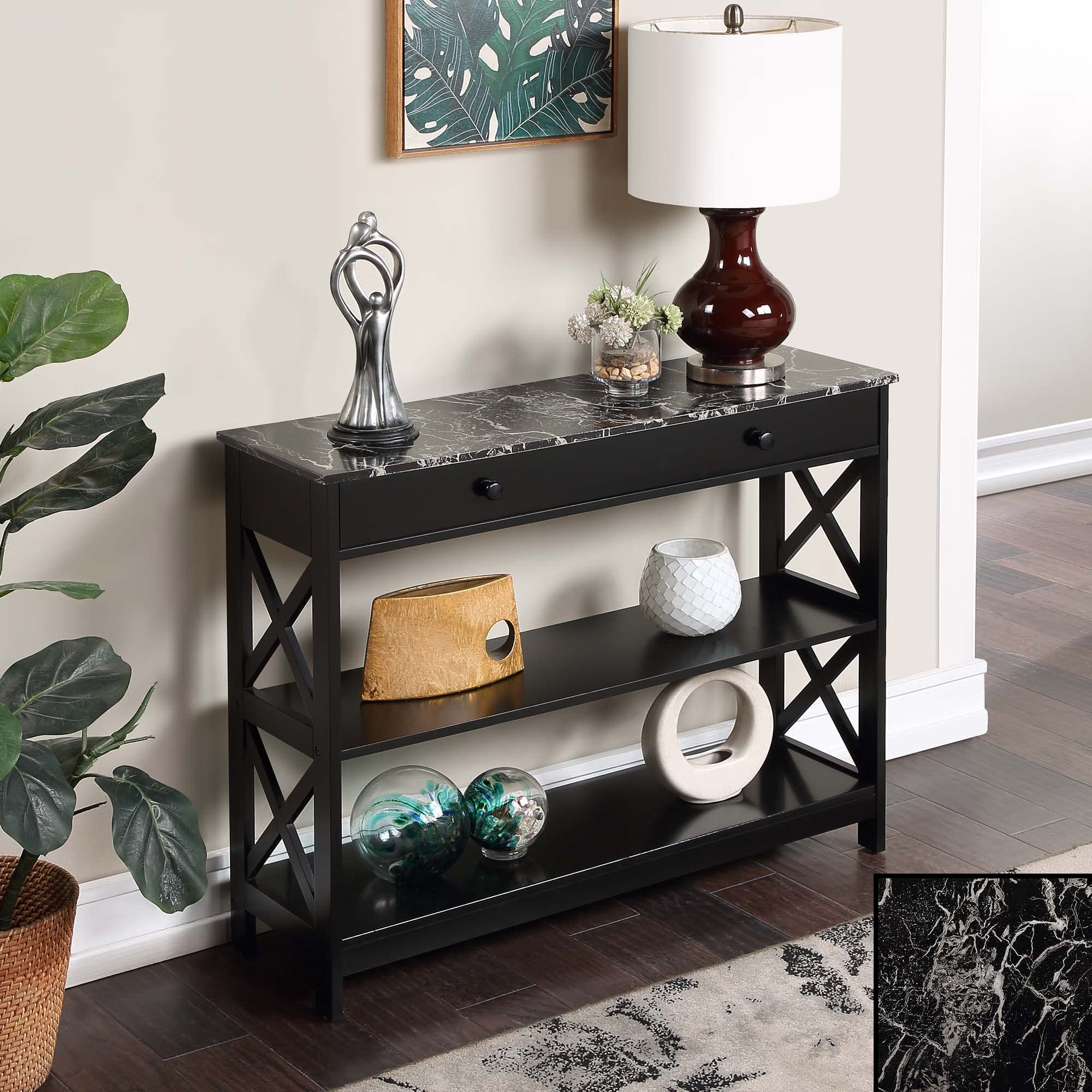 Convenience Concepts Oxford 1 Drawer Console Table With Shelves, Black Faux Marble/Black
