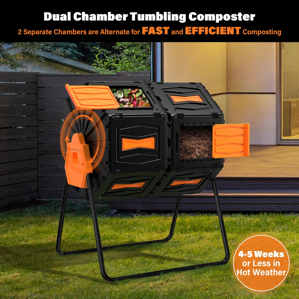 Compost Tumbler, Easy Assemble & Efficient Outdoor Compost Bin, 45 Gallon/170 Liter Large Dual Chamber Rotating Composter For Ga