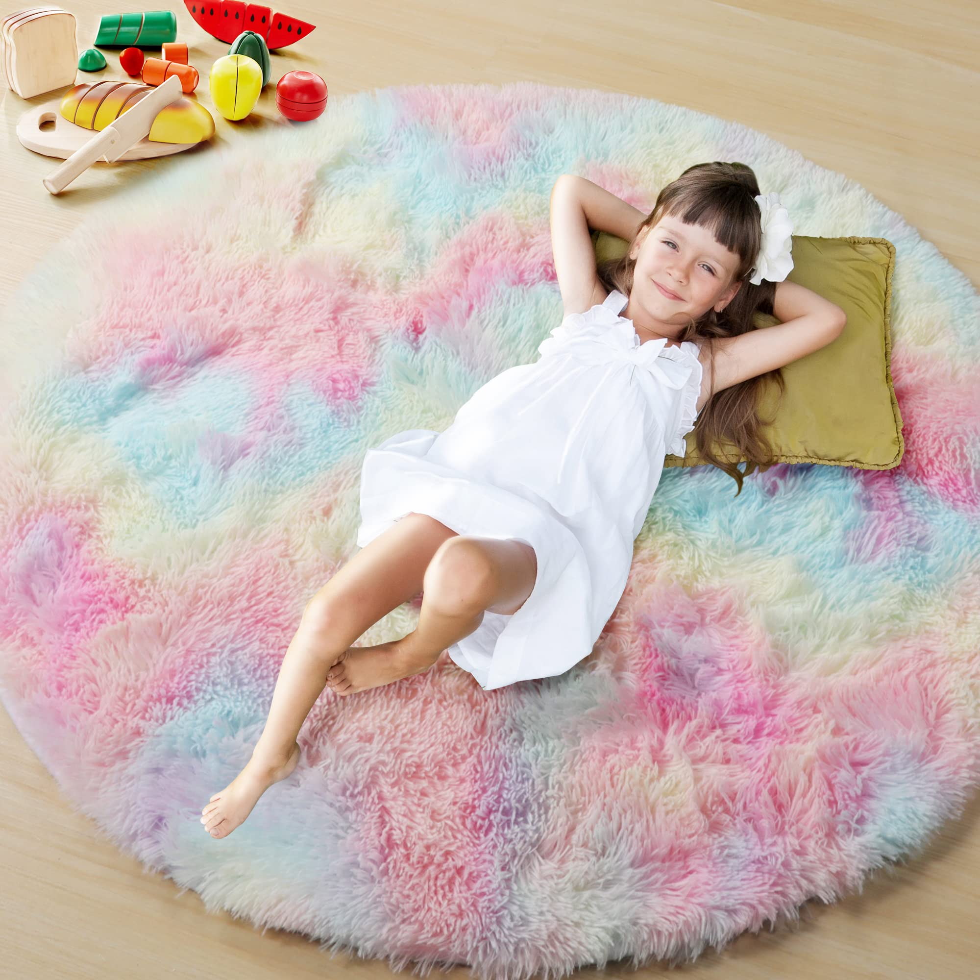ONASAR Rainbow Round Area Rug 5ft, Soft Bedroom Circle Rugs Mats for Kids Girls Teen Room, Kawaii Fluffy Plush Shaggy Carpet for