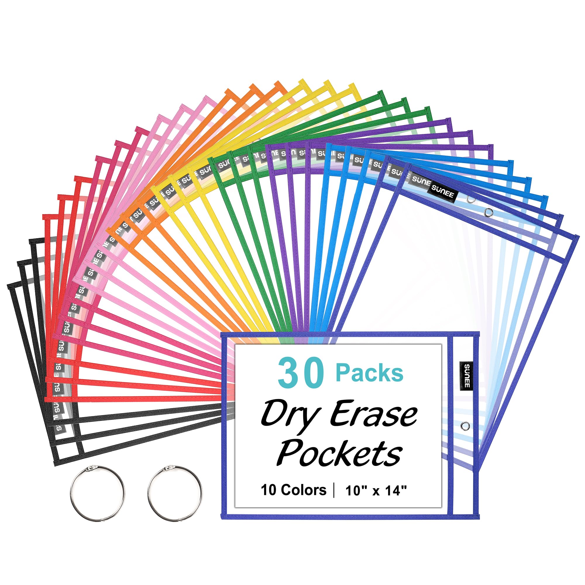 Sunee 30 Packs Oversized Reusable Dry Erase Pocket Sleeves With 2 Rings, 10 Assorted Colors 10X14 Ticket Holders, Clear Plastic
