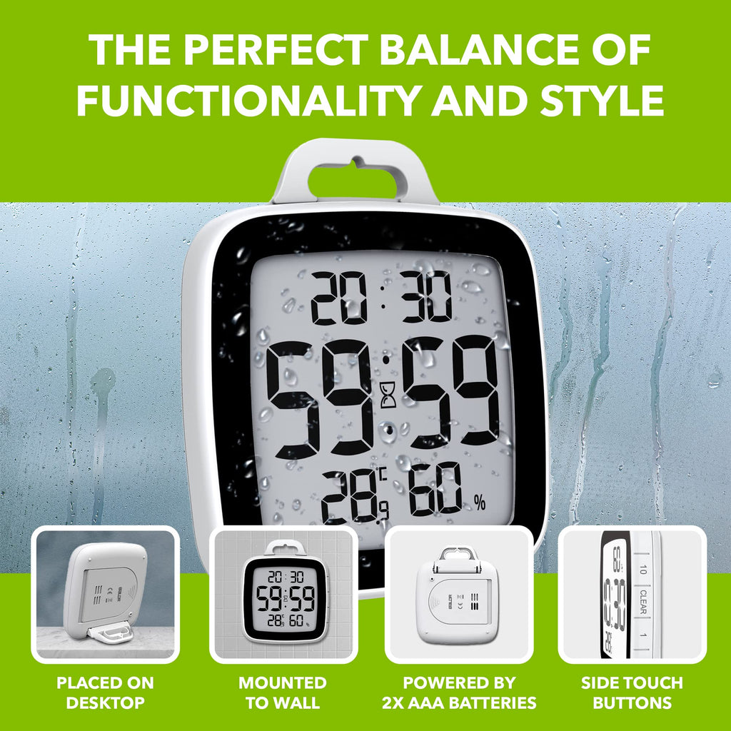 Baldr Digital Shower Clock With Timer - Waterproof Shower Timer For Kids & Adults - Perfect Bathroom Clock That Displays Time &