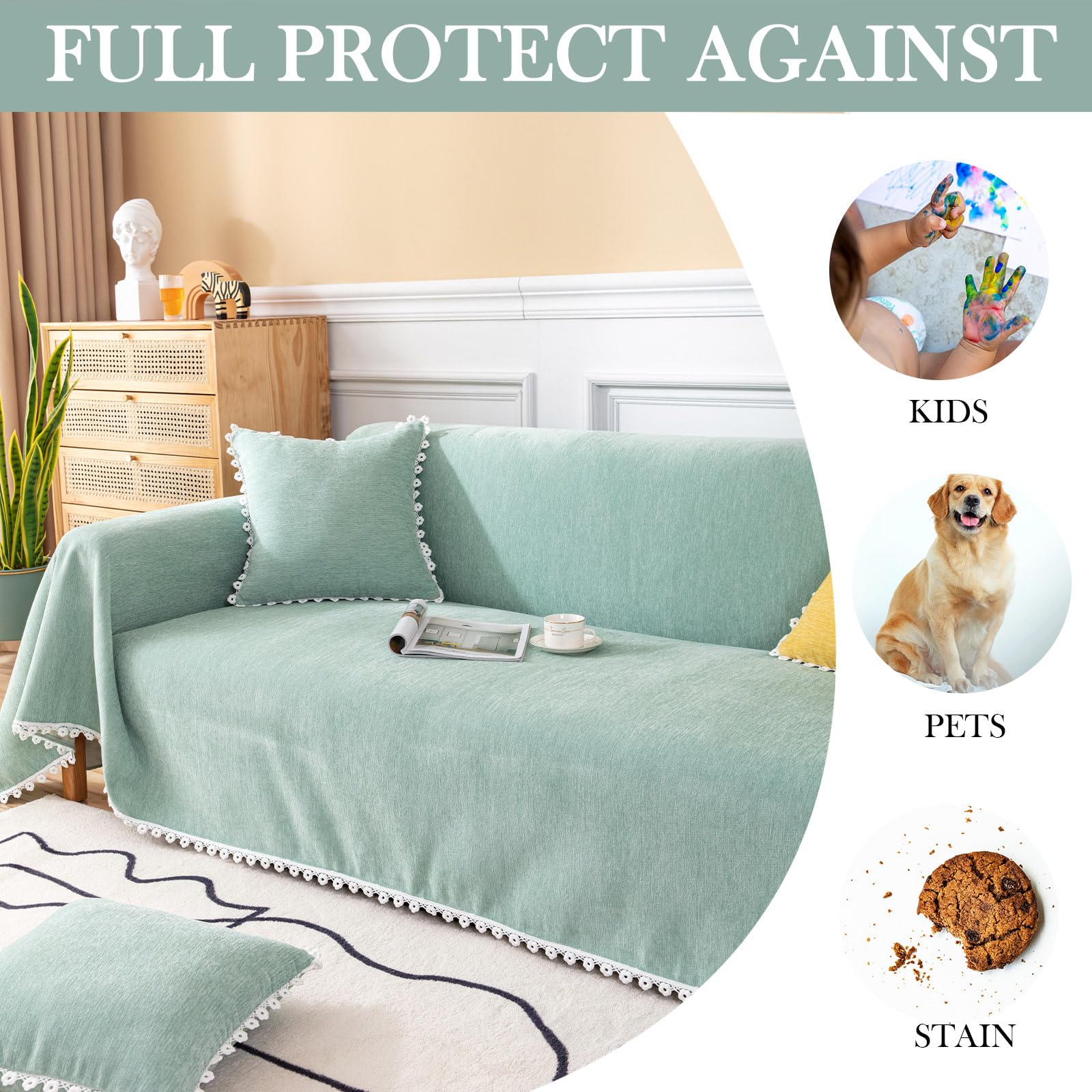 Handontime Cute Sofa Covers Light Green Couch Covers For 3 Cushion Couch Sofa With White Daisy Lace Green Sofa Slipcovers Chenille Couch Cover For Dogs Sectional Sofa L Shape Futon Cover, 71' X118'