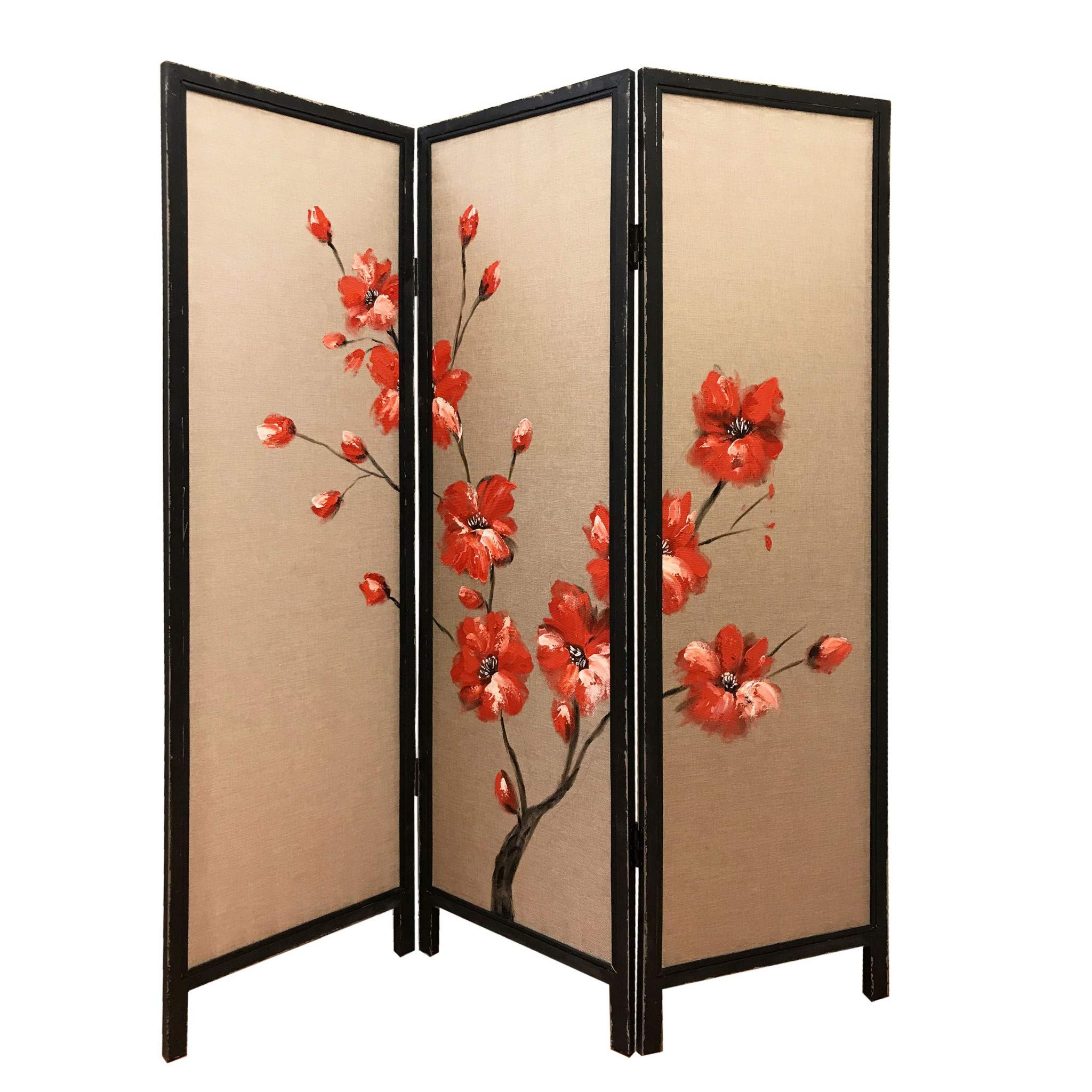 HomeRoots 60 x 1 x 63 Brown Fabric and Wood Blooming 3 Panel Screen Room Divider