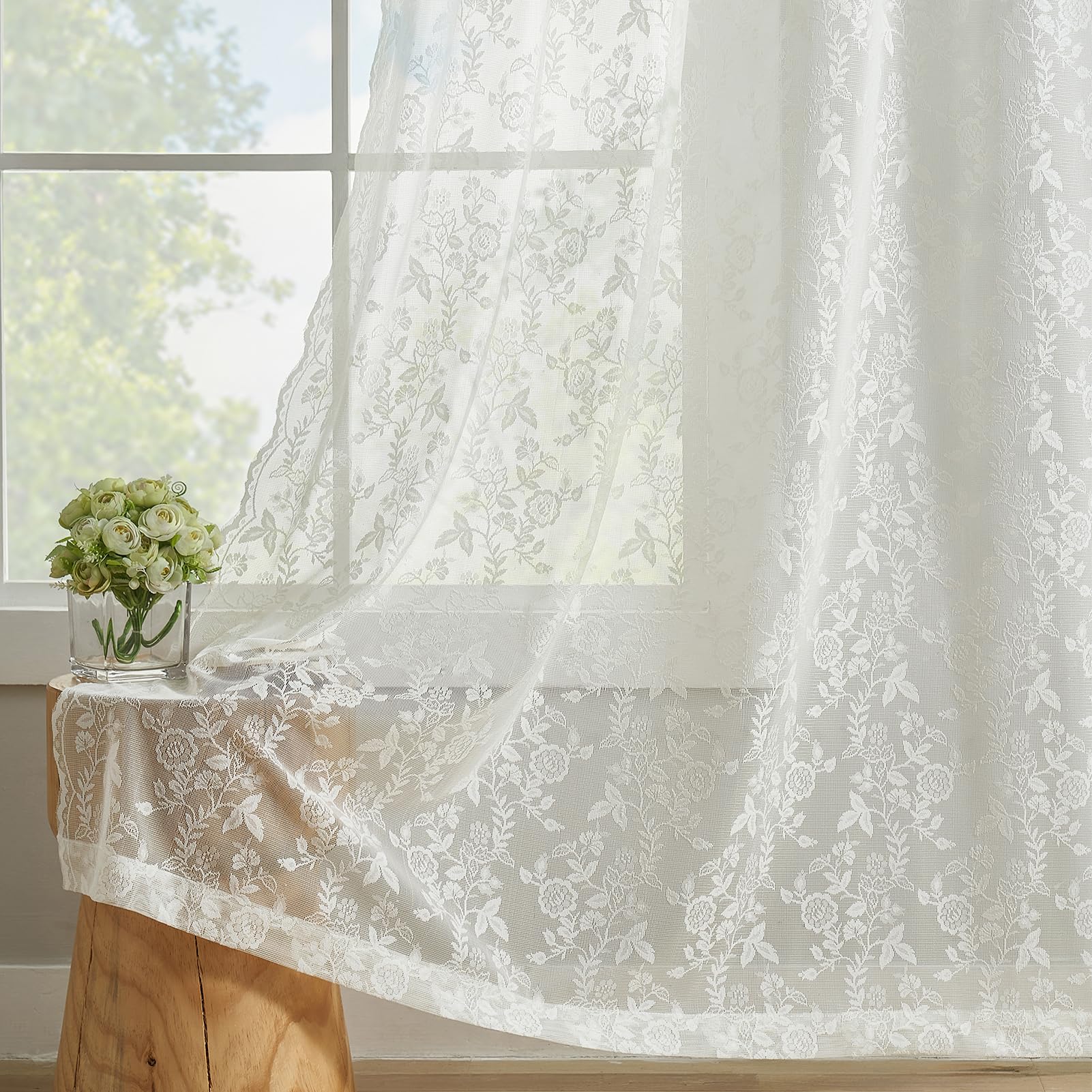 Finecity Lace Curtains 90 Inches Long For Living Room, Rustic Leaf Floral Design Lace Curtain Panels, Rod Pocket Vintage Privacy