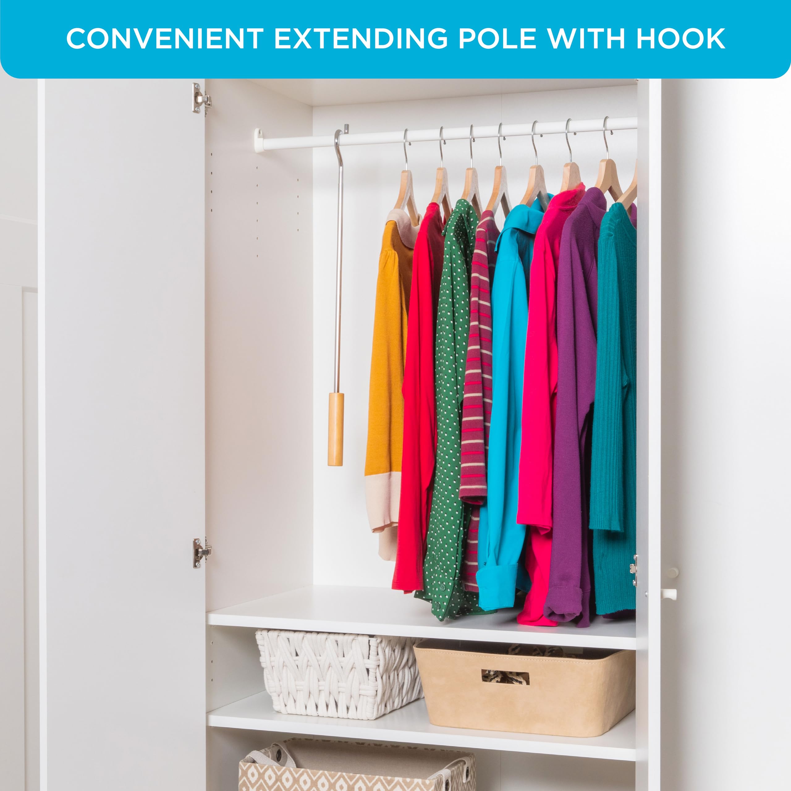 Closet Reacher Pole With Hook And Wooden Handle, Heavy Duty - Adjustable 2.75-5 Feet, Chrome Plated Steel Clothing Hanger Shephe