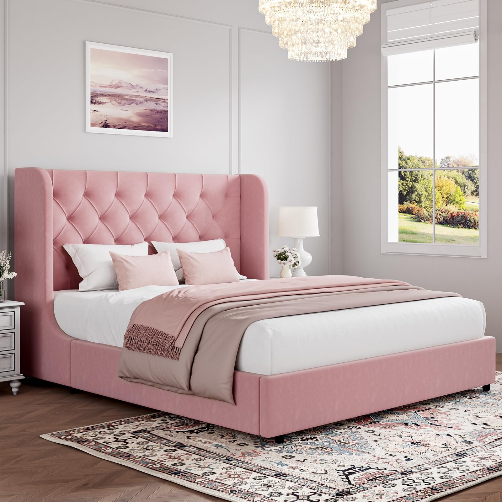 HOMBCK Pink Queen Bed Frame, Upholstered Platform Bed Frame with Velvet Tufted Headboard, Curved Wingback Design, Wooden Slats, 