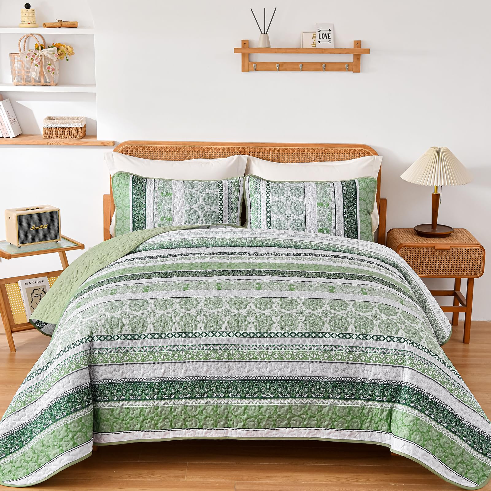 Wongs Bedding Boho Quilt Set King Size, Green Bohemian 3 Pieces Quilt Sets, Lightweight Summer Bedspread Coverlet Bedding Set Fo