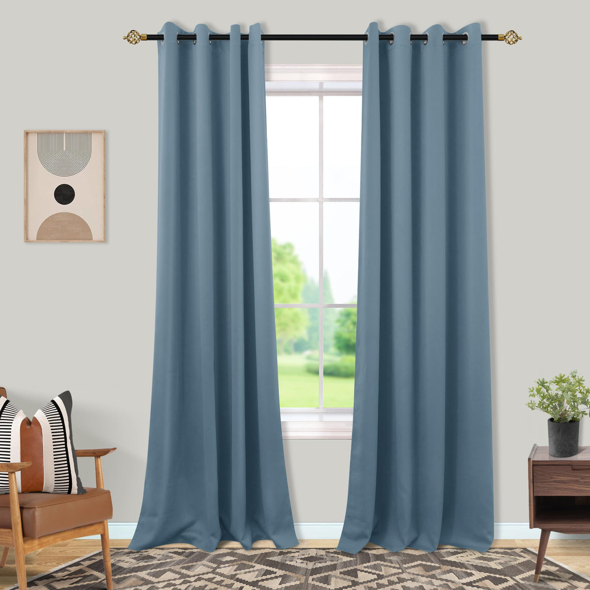 Mrs.Naturall 52x84 Inches Long Stone Blue Curtains for Living Room 2 Panels Blackout Room Darkening Curtains