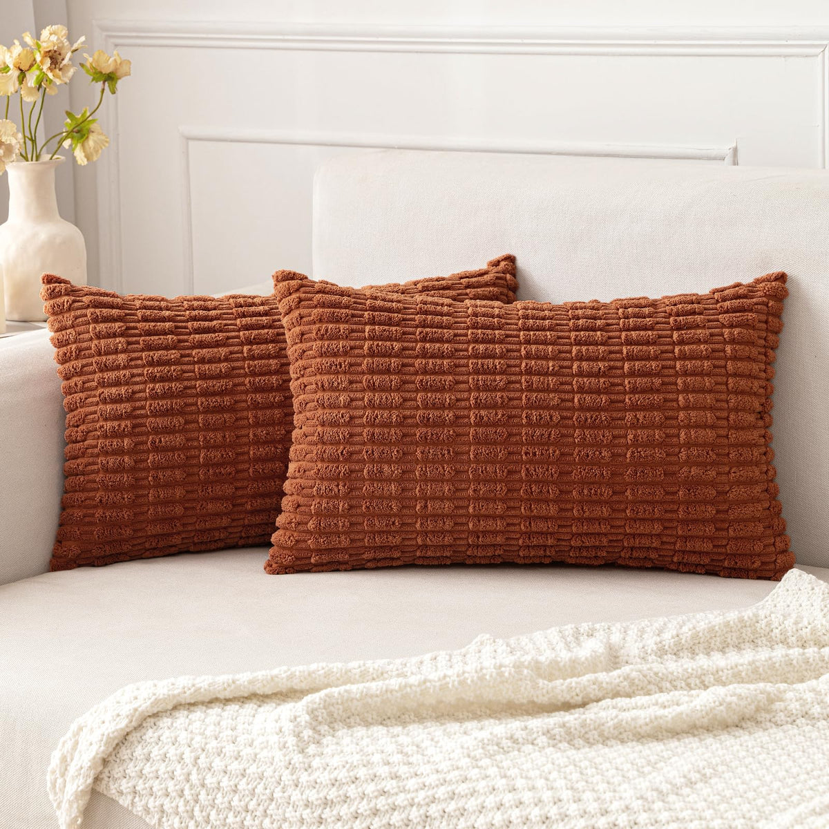 Miulee Pack Of 2 Corduroy Decorative Throw Pillow Covers 12X20 Inch Soft Boho Striped Fall Pillow Covers Modern Farmhouse Home D