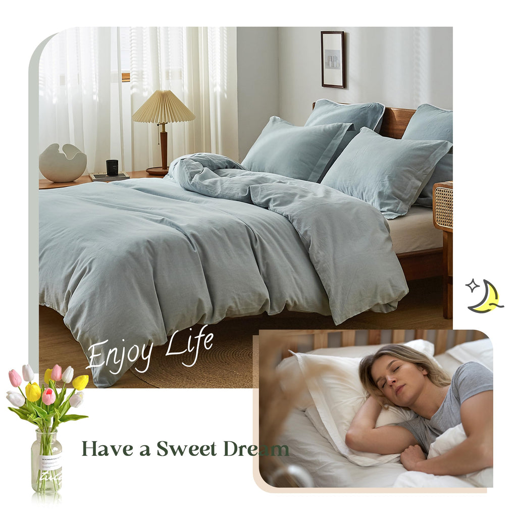 Simple&Opulence 100% Linen Duvet Cover Set, 3 Pcs Pure Natural French Flax Dusty Blue Duvet Cover Queen Size, Breathable Soft Co