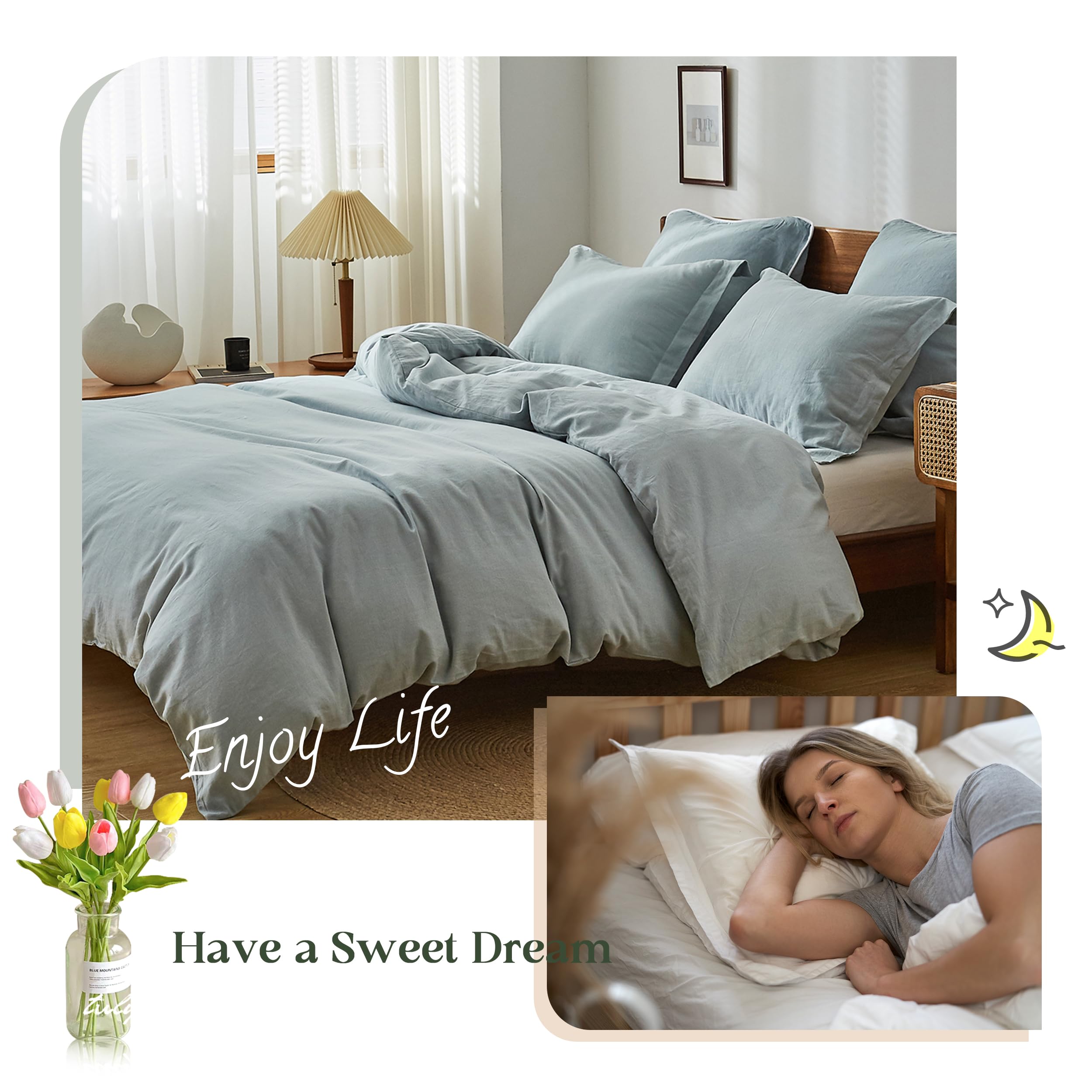 Simple&Opulence 100% Linen Duvet Cover Set, 3 Pcs Pure Natural French Flax Dusty Blue Duvet Cover Queen Size, Breathable Soft Co