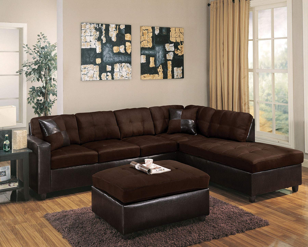 HomeRoots Furniture Sectional Sofa with 2 Pillows (Reversible), Chocolate Easy Rider & Espresso PU - Wood & Plywood Frame (285645)