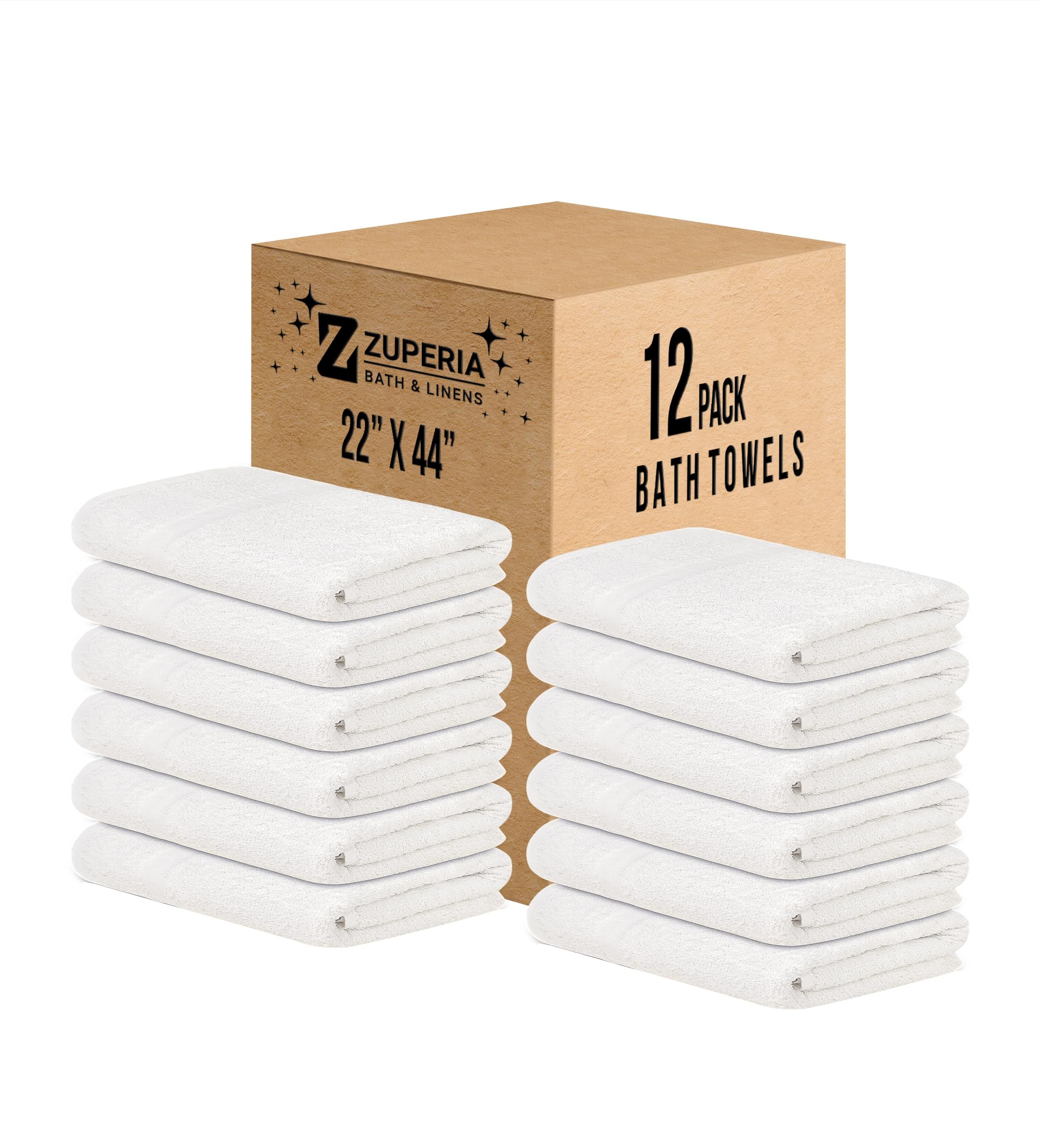ZUPERIA White Bath Towels Bulk 12 Pack - 22 x 44 Inches, 100% Cotton Economy Light Weight Towels for Commercial Use - Quick Dry,