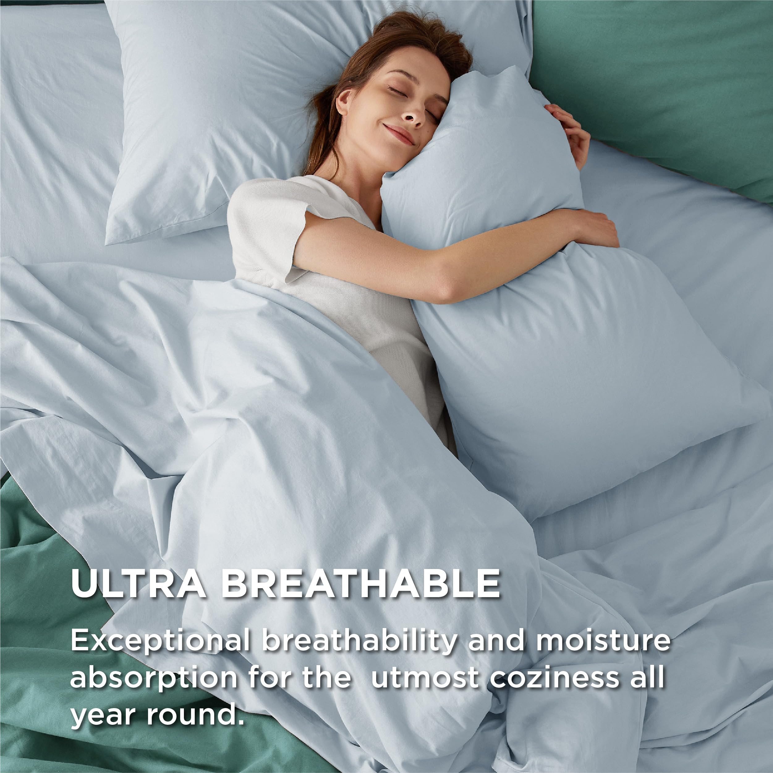Bedsure Cotton Percale Queen Sheet Set - 100% Cotton Bed Set For Queen Size Bed, Breathable & Crirsp Soft Sheets, Deep Pocket Up To 16 Inches, Bedding Bedsheets & Pillowcases, Sky Blue