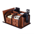 Liry Products Brown Wooden Desk Organizer Multiple Compartments 3 Drawers Slots 2 Shelves Racks Holder Office Supplies Caddy Tab