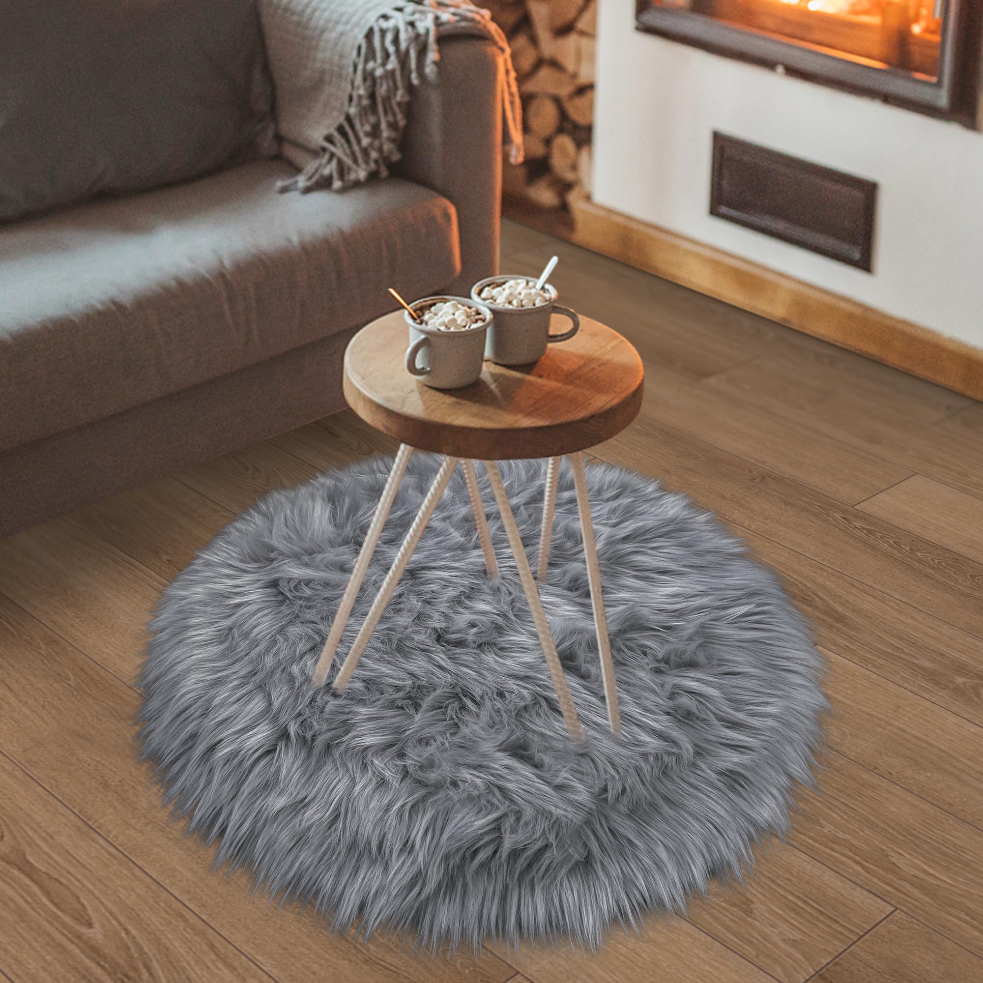 TENNOLA Grey Round Rugs for Bedroom, Fluffy Circle Rug 2 2 Feet for Kids Room, Furry Carpet for Teen Girls Room, Non-Slip Shaggy