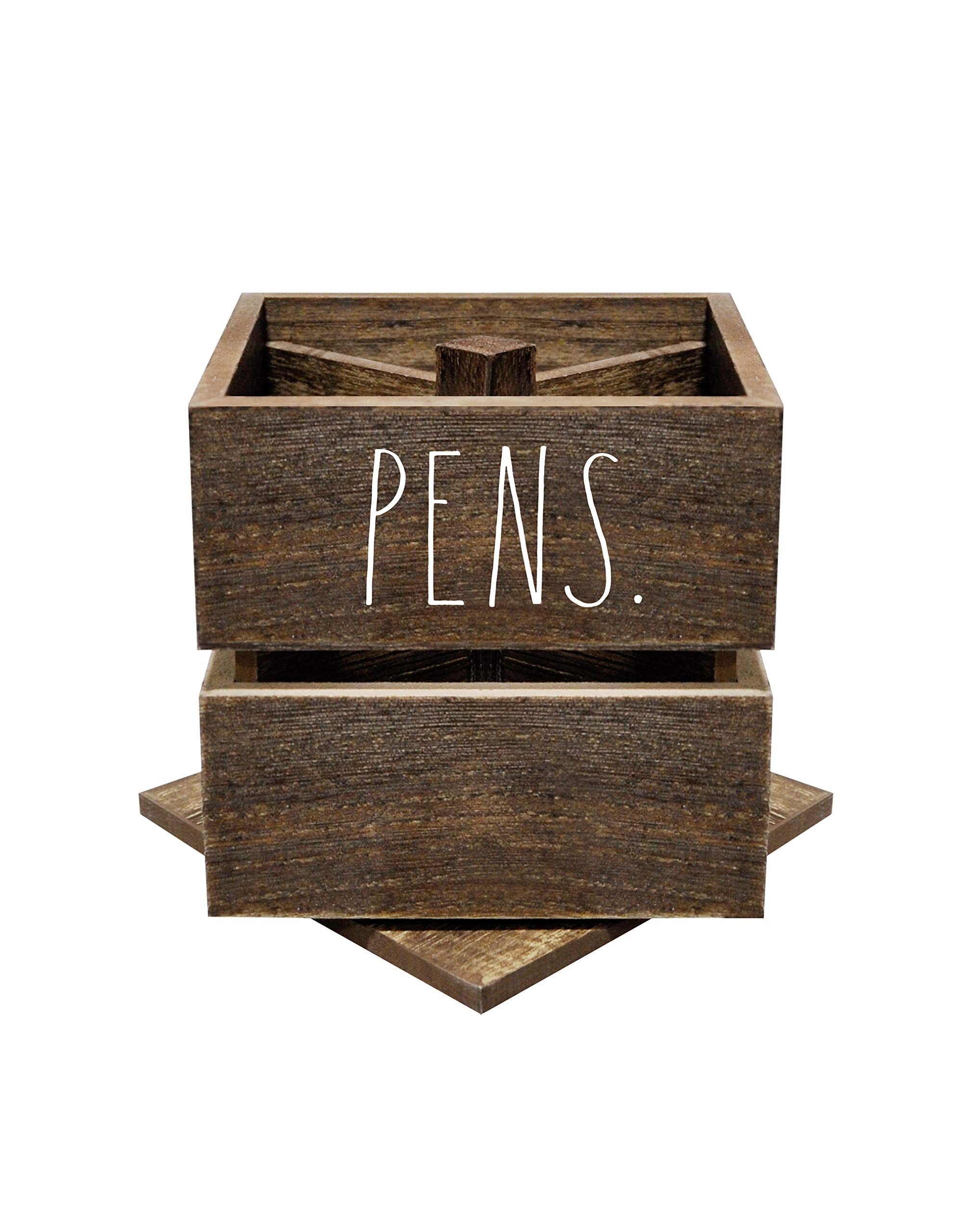 Rae Dunn Pencil Cup - Wooden Pen Holder Desktop Organizer - Small Rustic Wood Desk Top Caddy For Office Accessories And Supplies