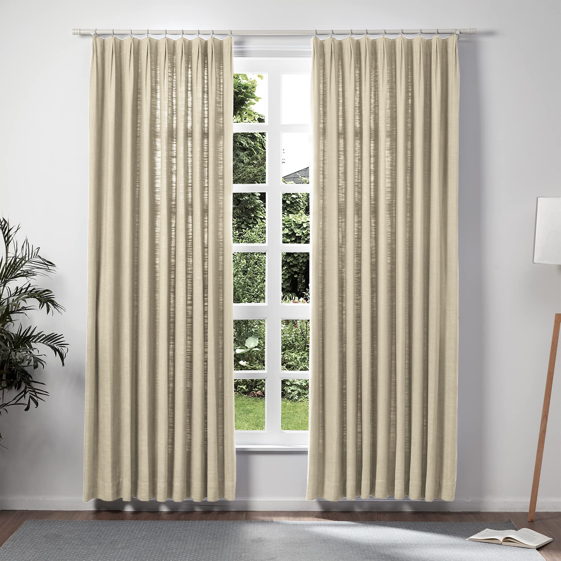 Twopages Light Khaki Pinch Pleated Drape 96 Inch Length Linen Light Filtering Room Darkening Curtain For Bedroom, Double Layer L