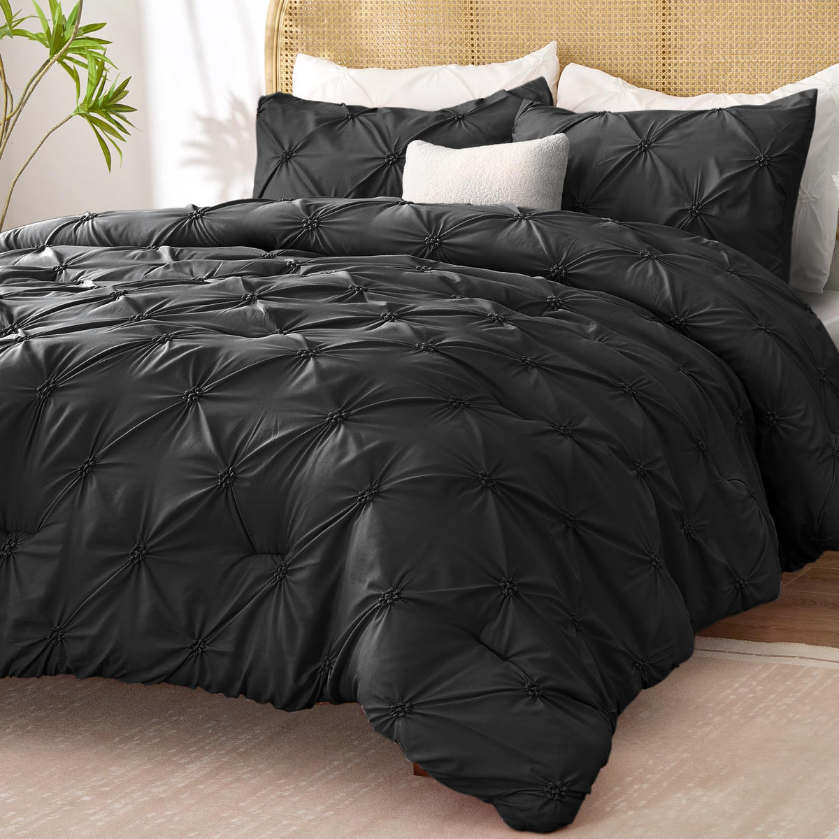 Bedelite Black Comforter Set Queen - 3 Pieces Boho Pintuck Bedding Comforter Sets, Lightweight Soft & Warm Bed Comforter Queen W