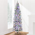 Best Choice Products Flocked Pencil Christmas Tree, Pre-Lit Slim 6ft Artificial Holiday Decoration, 2-in-1 White & Multicolor Li