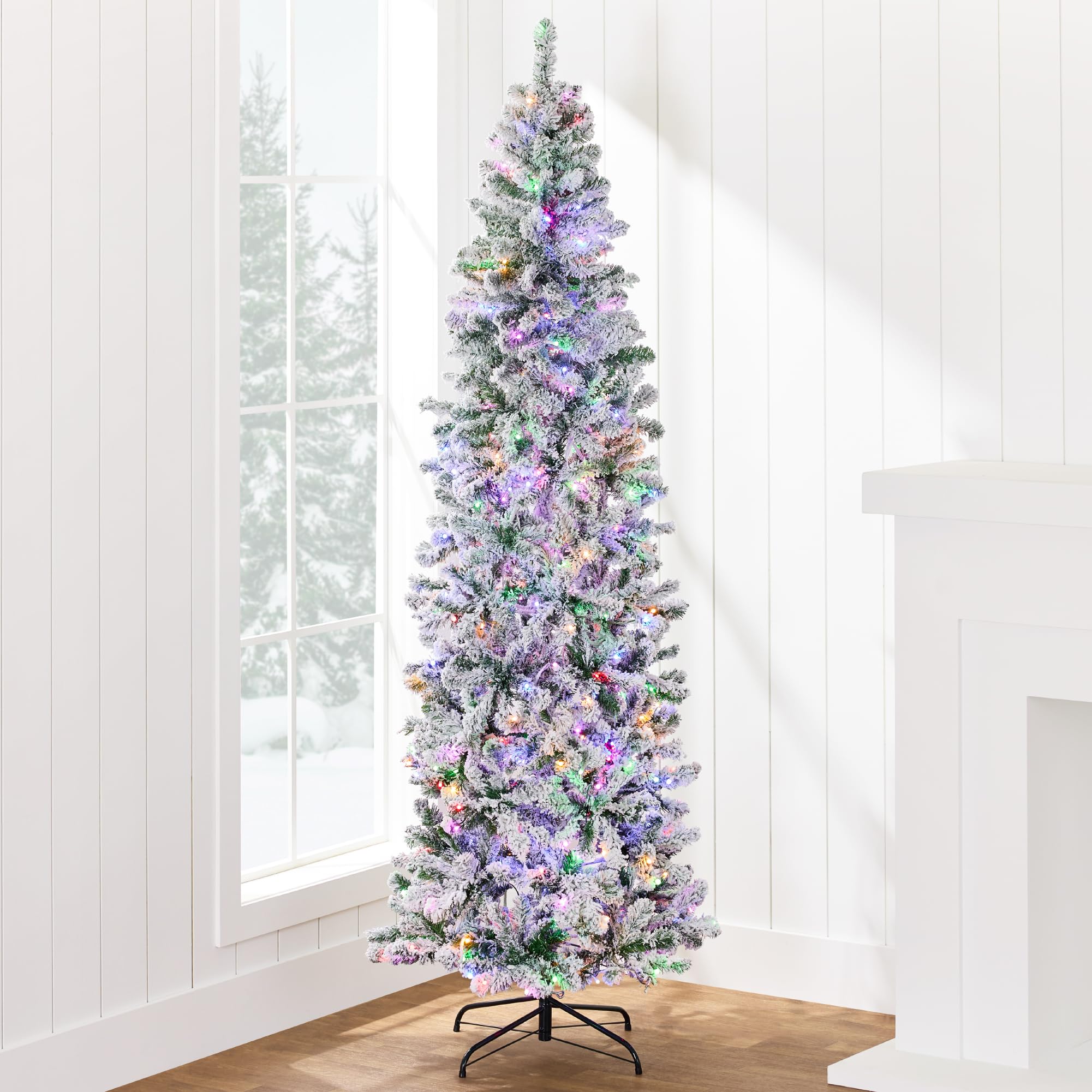 Best Choice Products Flocked Pencil Christmas Tree, Pre-Lit Slim 7.5ft Artificial Holiday Decoration, 2-in-1 White & Multicolor 