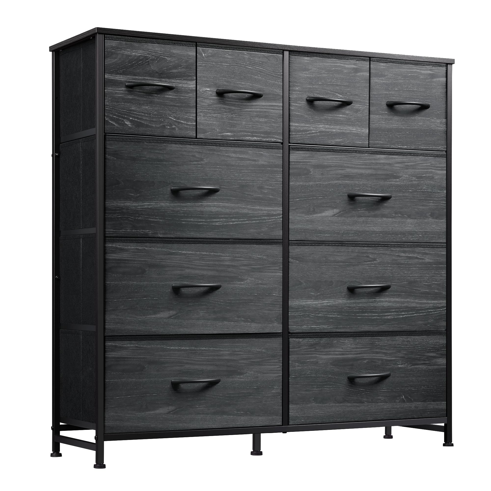Wlive Dresser For Bedroom With 10 Fabric Drawers, Tall Chest Organizer Units For Clothing, Closet, Storage Tower With Cabinet, Metal Frame, Wooden Top, Charcoal Black Wood Grain Print